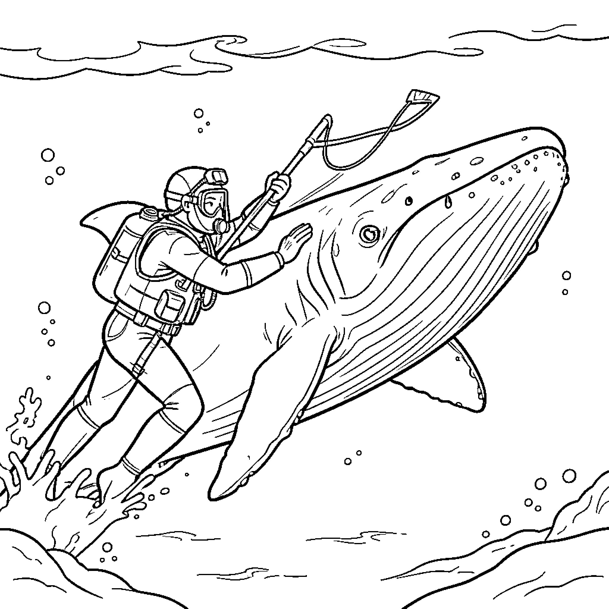 Plongeur interacting with majestic sea creature Coloring Page (free black-and-white line drawing printable PDF for all, from beginners to advanced learners, including children, teens, adults, and seniors)