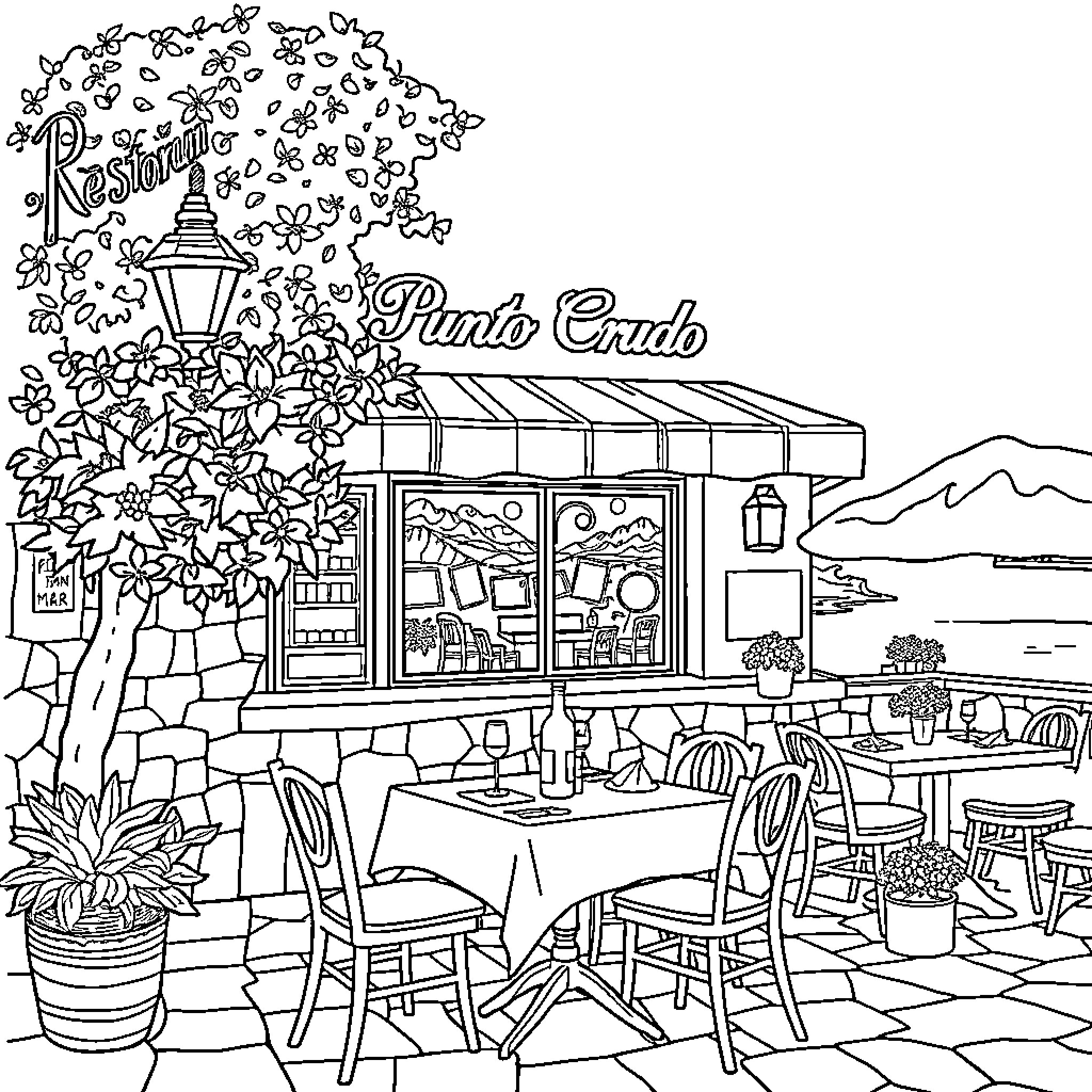 Restaurant with outdoor patio and floral decor Coloring Page (free black-and-white line drawing printable PDF for all, from beginners to advanced learners, including children, teens, adults, and seniors)