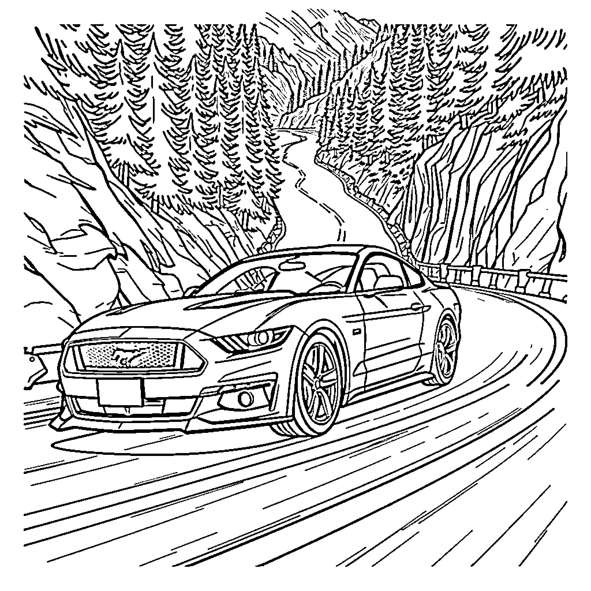 Ford Mustang racing through mountainous scenery Coloring Page (free black-and-white line drawing printable PDF for all, from beginners to advanced learners, including children, teens, adults, and seniors)