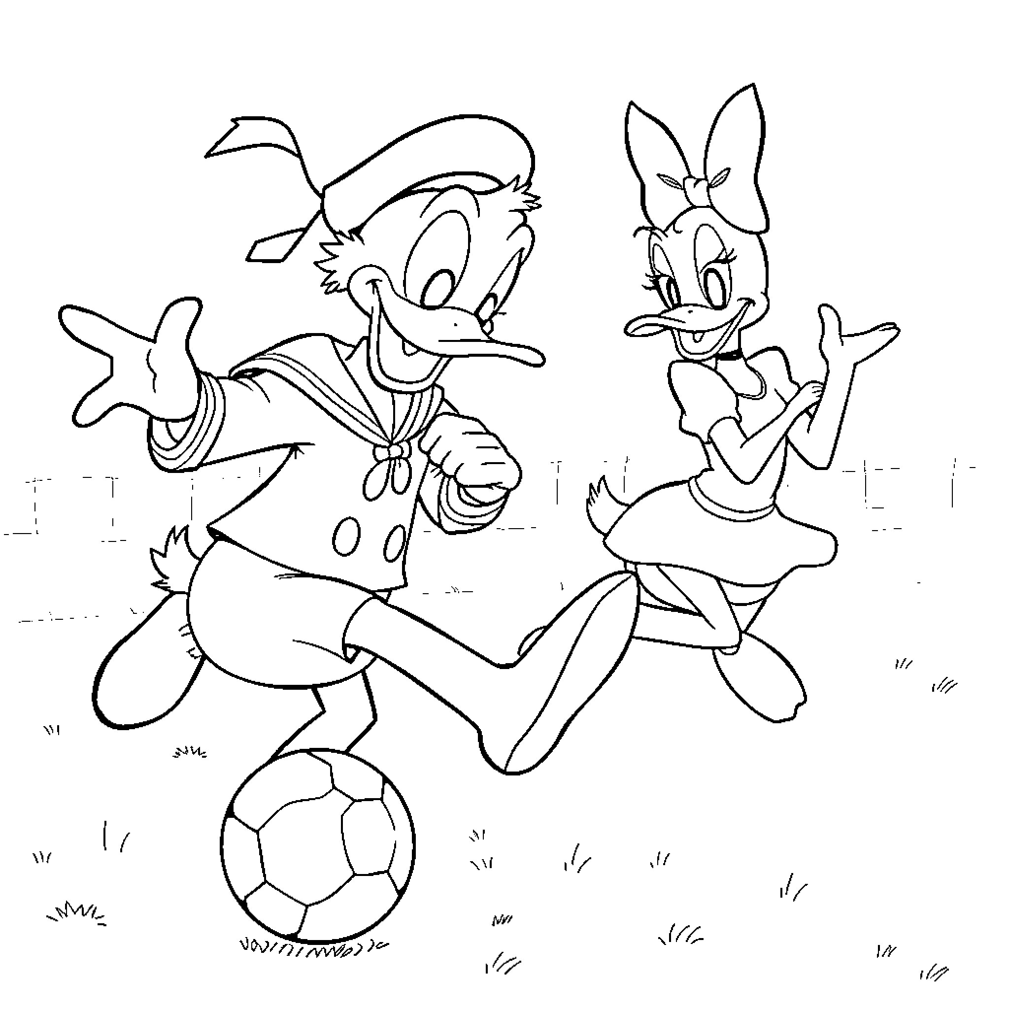 Donald Duck and Daisy Duck playing soccer Coloring Page (free black-and-white line drawing printable PDF for all, from beginners to advanced learners, including children, teens, adults, and seniors)