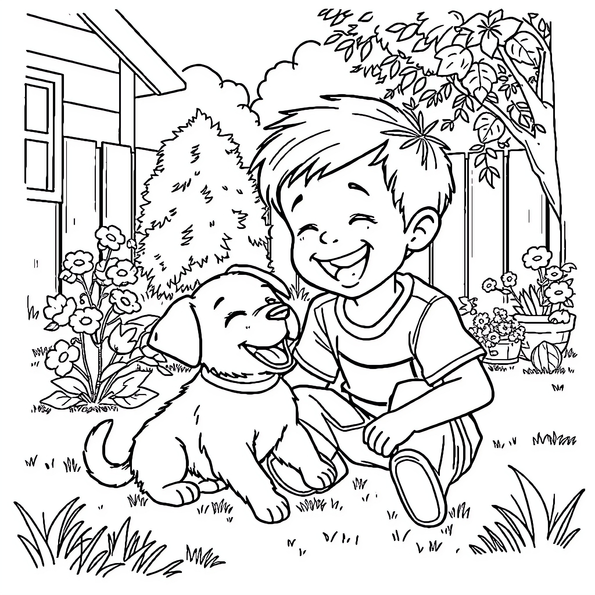 Boy and his friendly dog playing in the garden Coloring Page (free black-and-white line drawing printable PDF for all, from beginners to advanced learners, including children, teens, adults, and seniors)
