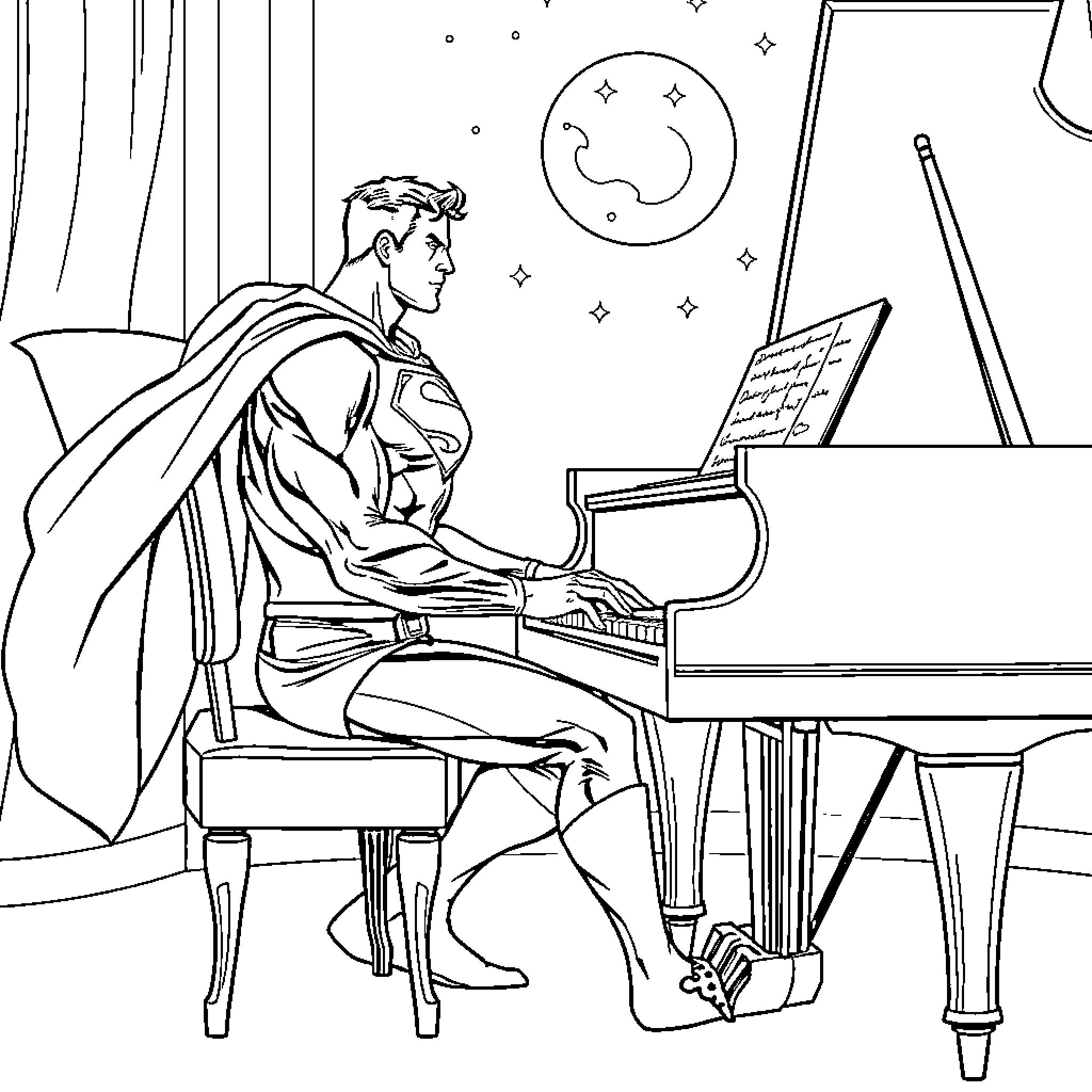 Superman playing the piano under the starry night sky Coloring Page (free black-and-white line drawing printable PDF for all, from beginners to advanced learners, including children, teens, adults, and seniors)