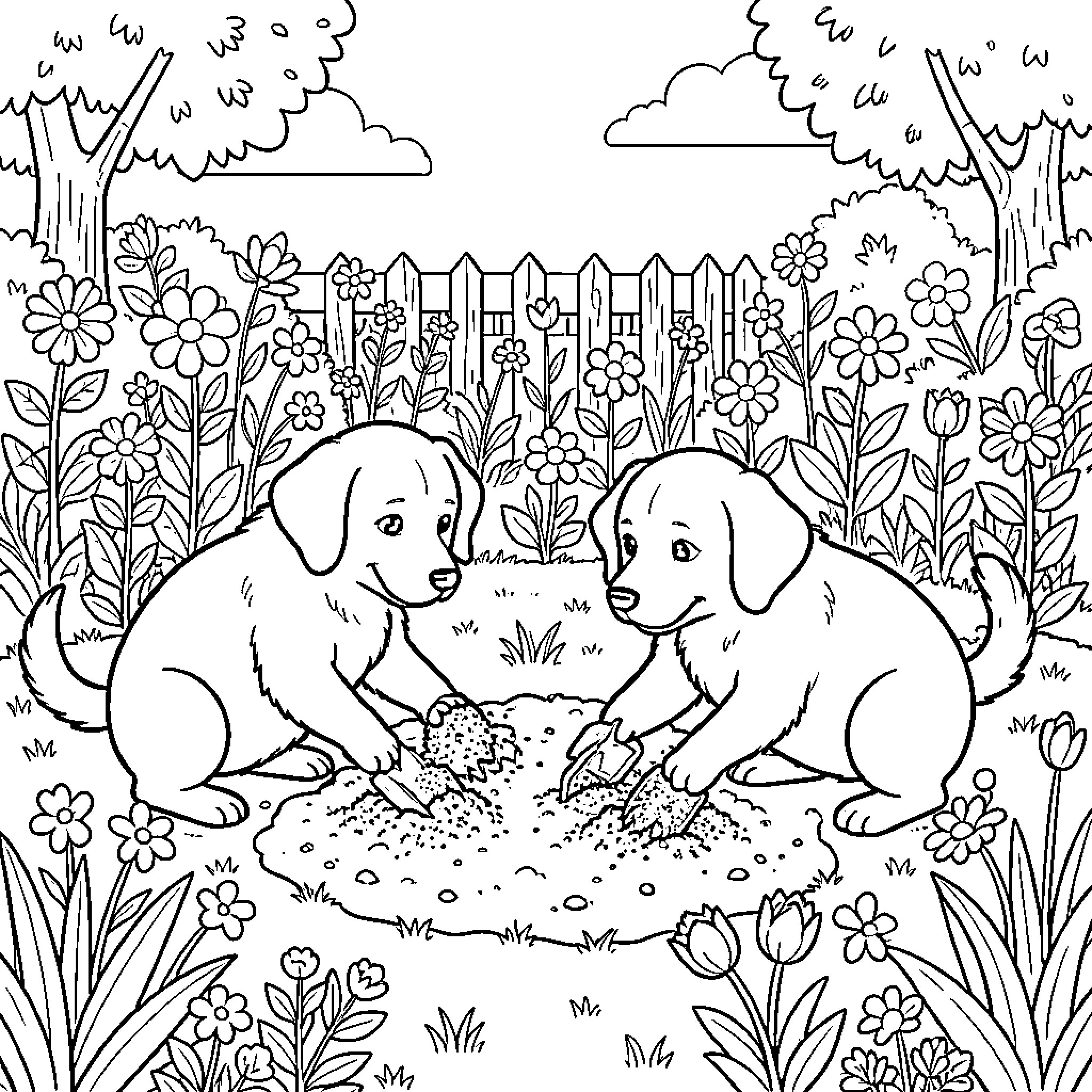 Dog puppies playing together in a garden Coloring Page (free black-and-white line drawing printable PDF for all, from beginners to advanced learners, including children, teens, adults, and seniors)