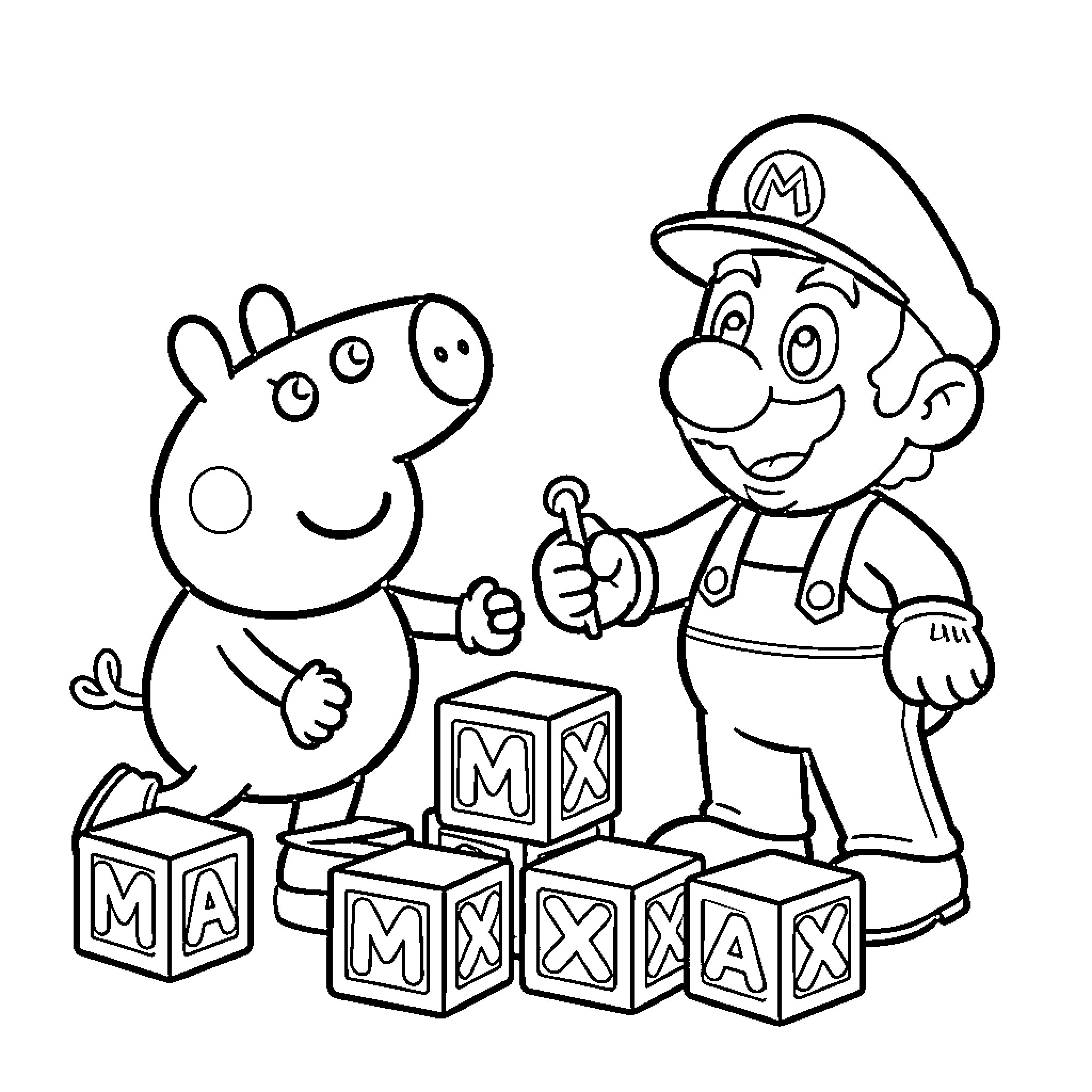 Peppa and Mario playing with alphabet blocks together Coloring Page (free black-and-white line drawing printable PDF for all, from beginners to advanced learners, including children, teens, adults, and seniors)