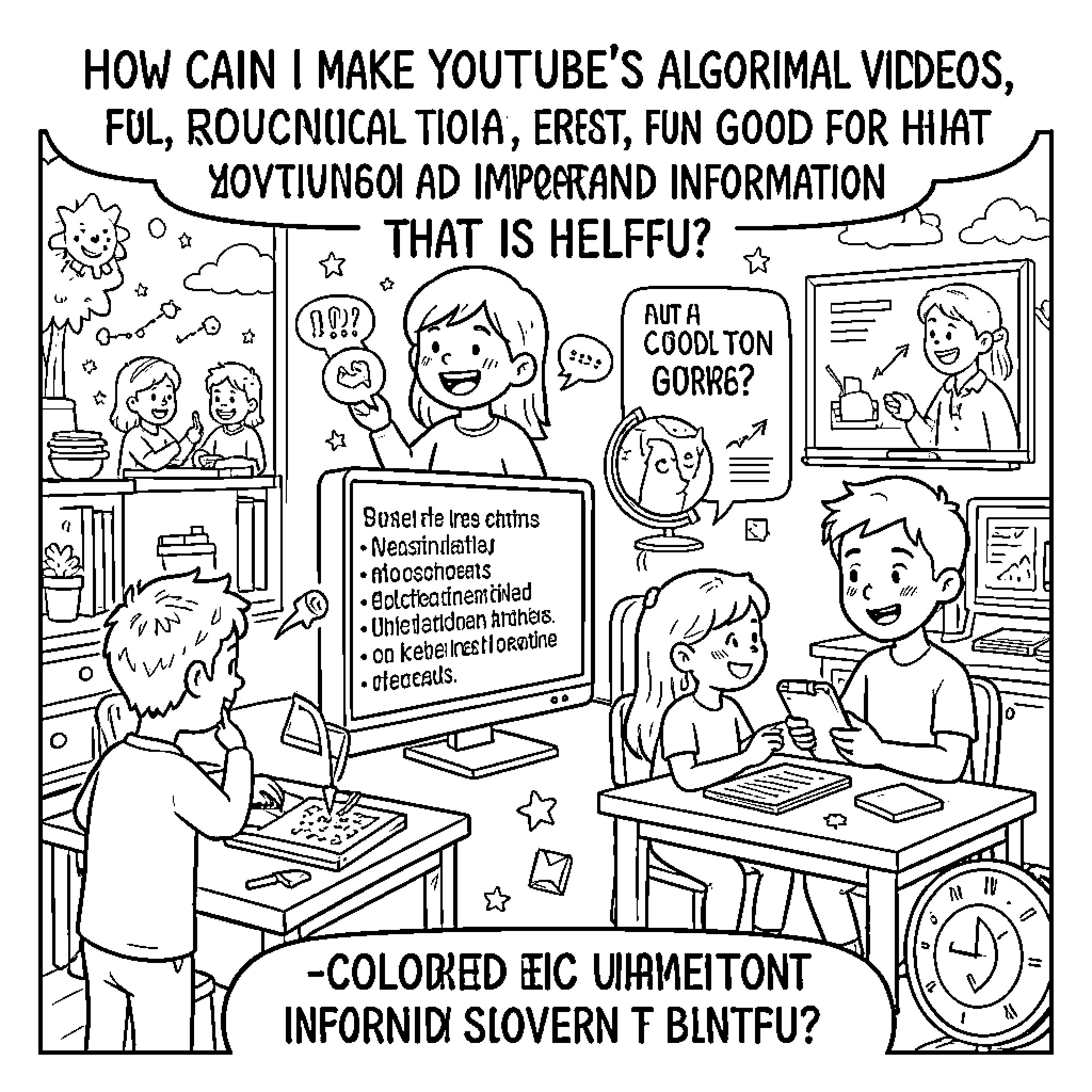 YouTube creators discussing content strategy and video production Coloring Page (free black-and-white line drawing printable PDF for all, from beginners to advanced learners, including children, teens, adults, and seniors)
