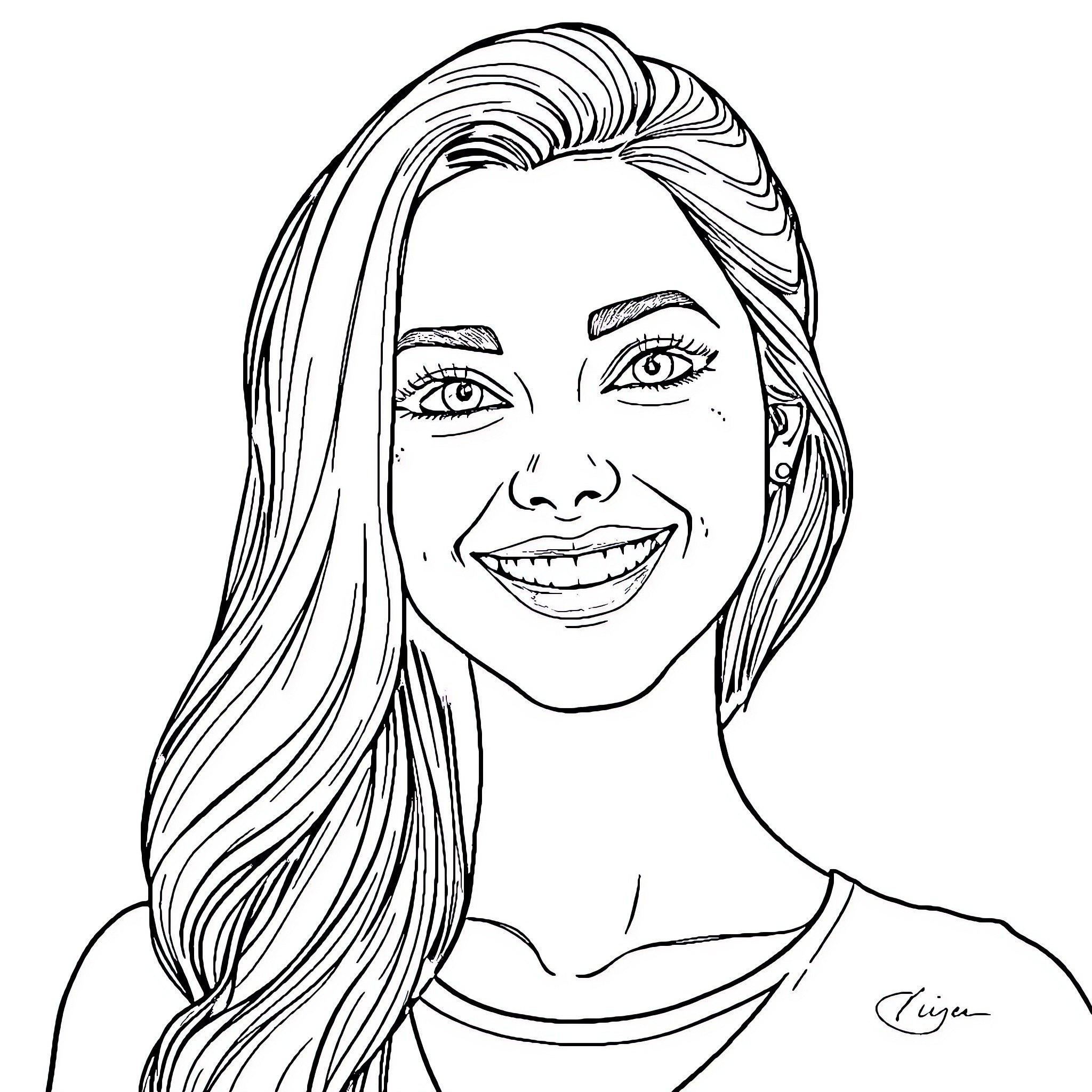 Carlotta's Bright and Cheerful Expression Coloring Page (free black-and-white line drawing printable PDF for all, from beginners to advanced learners, including children, teens, adults, and seniors)