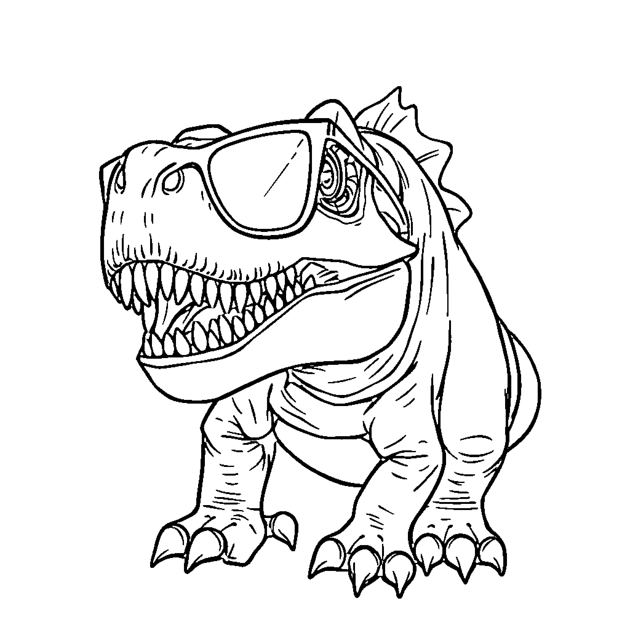 T-Rex Dinosaur with Sunglasses Roaring Fiercely Coloring Page (free black-and-white line drawing printable PDF for all, from beginners to advanced learners, including children, teens, adults, and seniors)