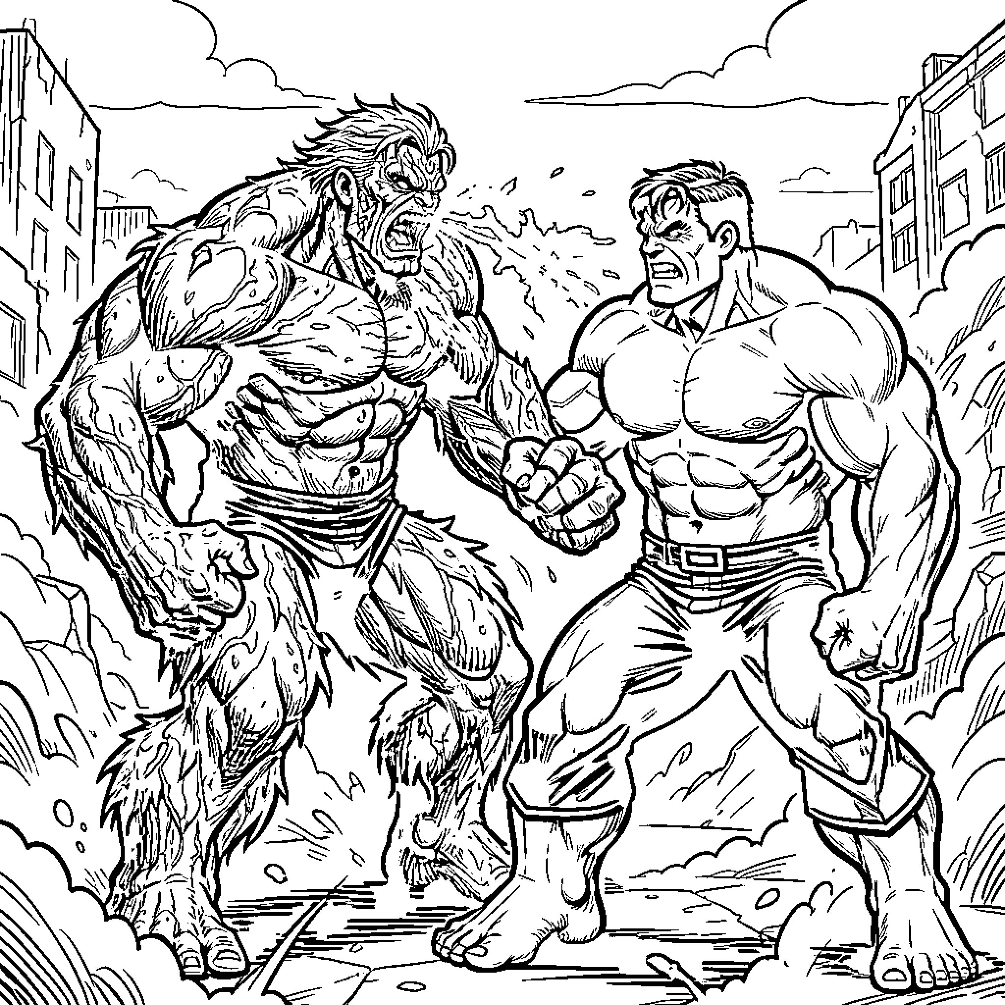 Abomination of two muscular giants clashing in battle Coloring Page (free black-and-white line drawing printable PDF for all, from beginners to advanced learners, including children, teens, adults, and seniors)