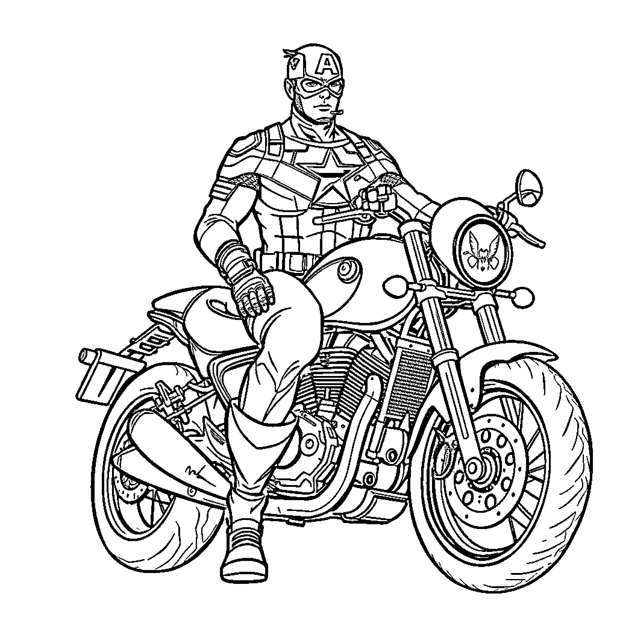 Captain America riding a futuristic motorcycle Coloring Page (free black-and-white line drawing printable PDF for all, from beginners to advanced learners, including children, teens, adults, and seniors)