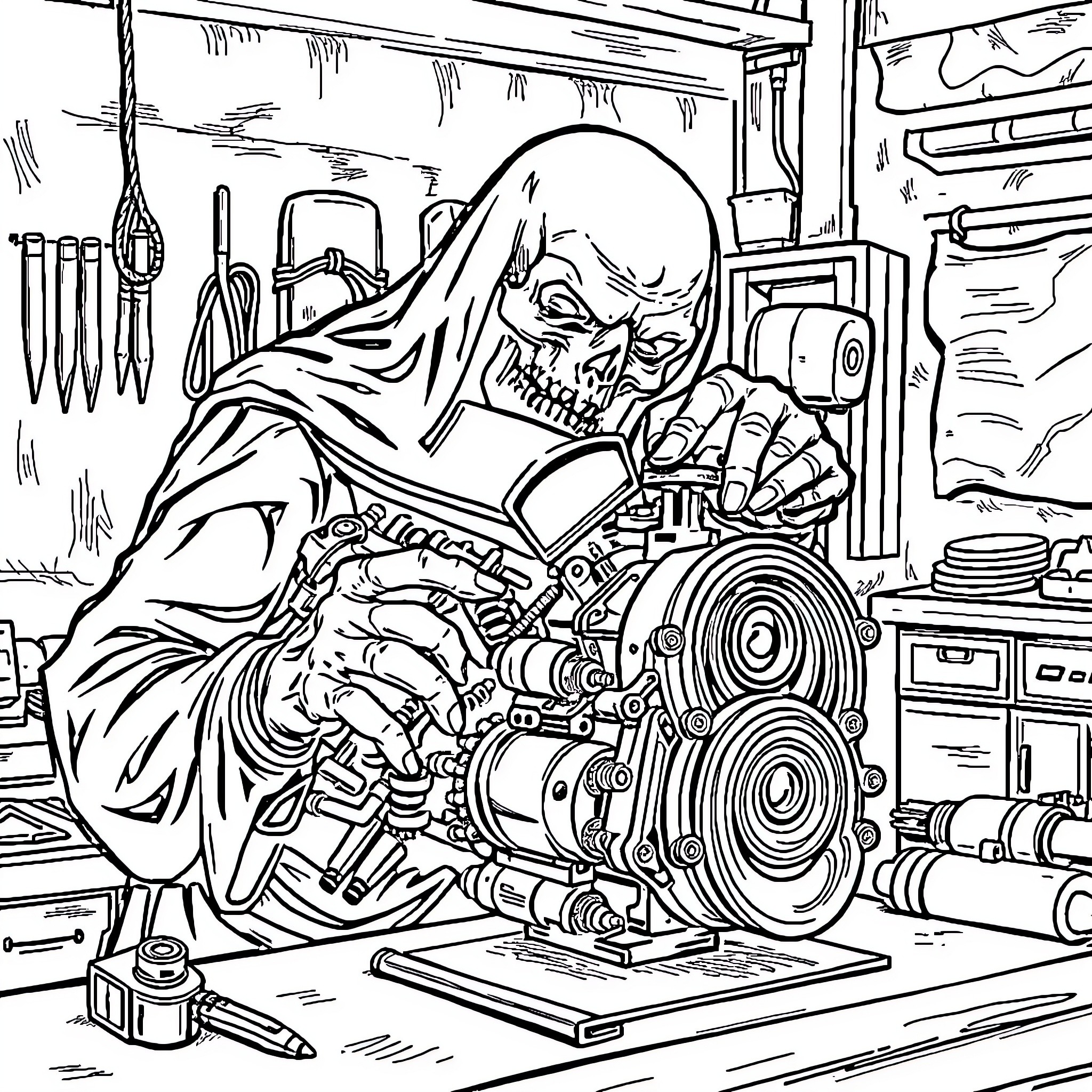 Death Repairing Mechanical Parts in the Workshop Coloring Page (free black-and-white line drawing printable PDF for all, from beginners to advanced learners, including children, teens, adults, and seniors)