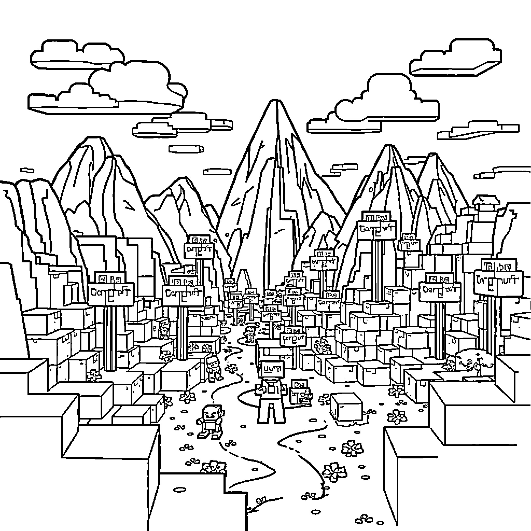 Minecraft Cityscape with Mountainous Terrain Coloring Page (free black-and-white line drawing printable PDF for all, from beginners to advanced learners, including children, teens, adults, and seniors)