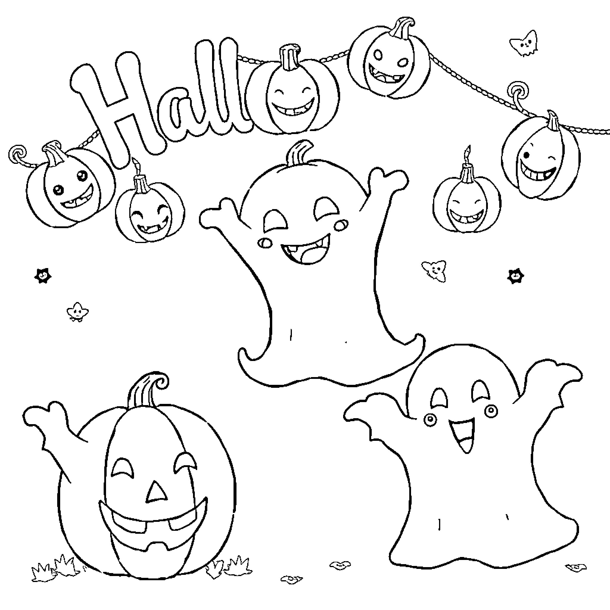Halloween ghosts and jack-o'-lanterns in the night Coloring Page (free black-and-white line drawing printable PDF for all, from beginners to advanced learners, including children, teens, adults, and seniors)