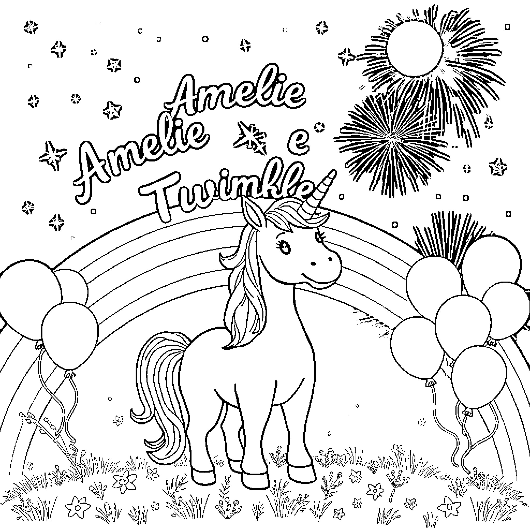 Unicorn frolicking in a whimsical scene Coloring Page (free black-and-white line drawing printable PDF for all, from beginners to advanced learners, including children, teens, adults, and seniors)