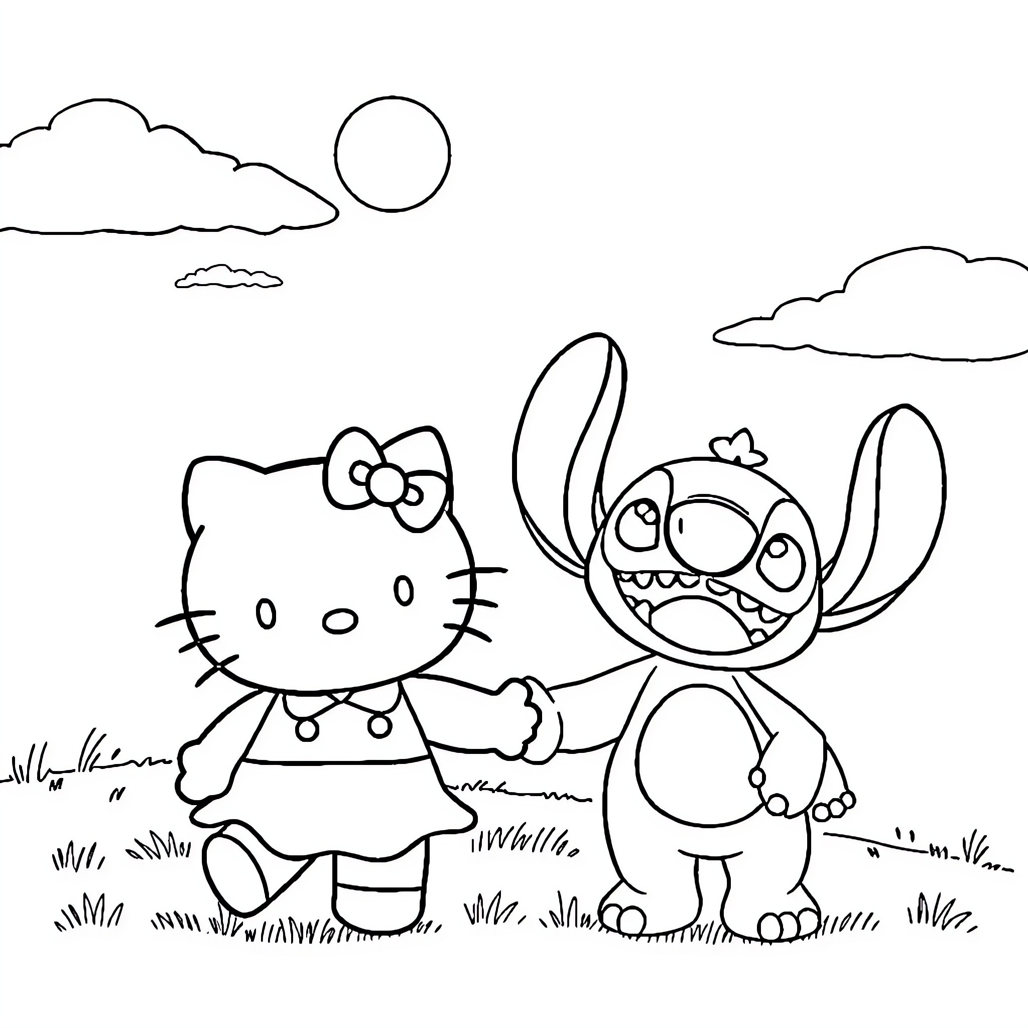 Hello Kitty and Stitch playing together in nature Coloring Page (free black-and-white line drawing printable PDF for all, from beginners to advanced learners, including children, teens, adults, and seniors)
