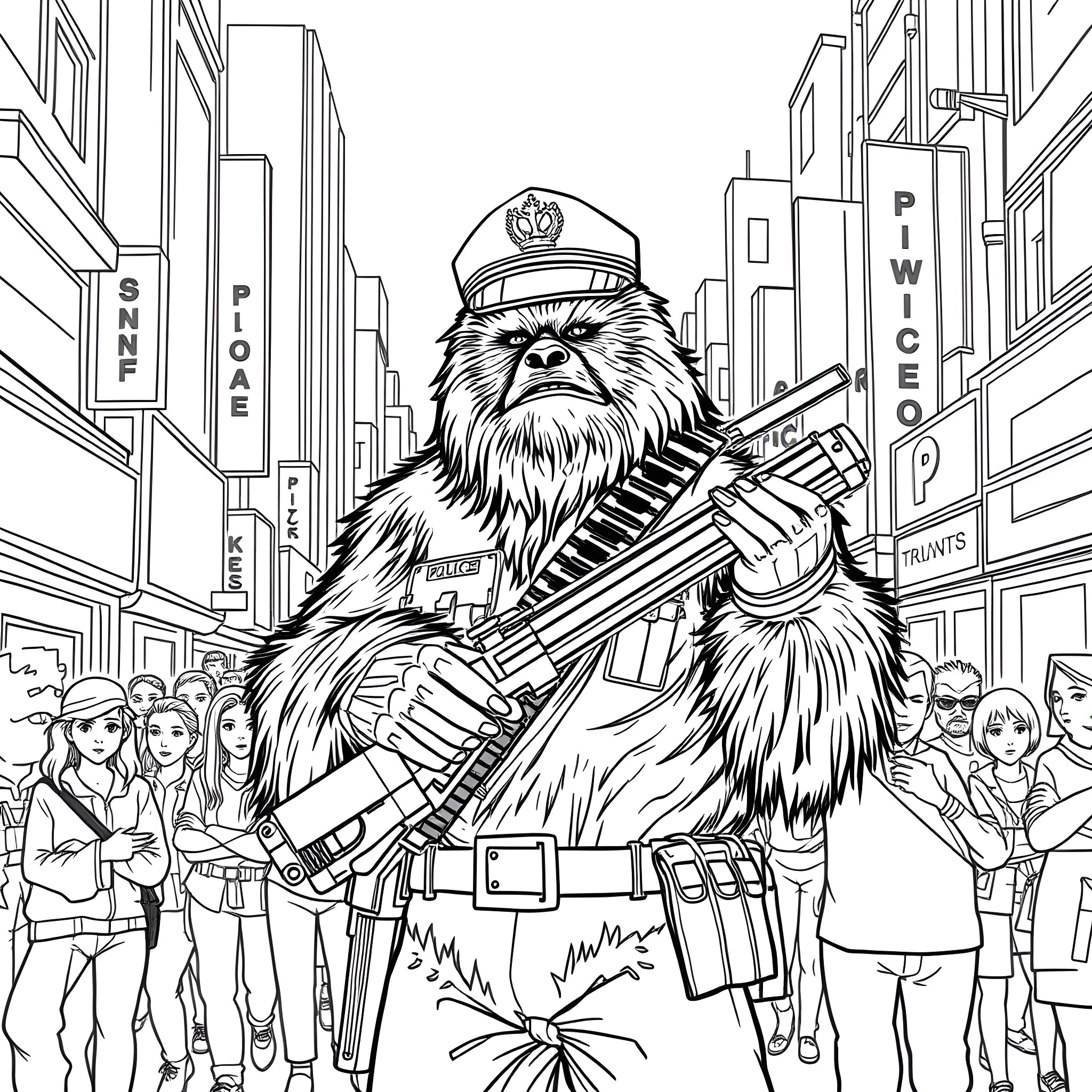 Chewbacca, the Wookie police officer, in a bustling city street Coloring Page (free black-and-white line drawing printable PDF for all, from beginners to advanced learners, including children, teens, adults, and seniors)