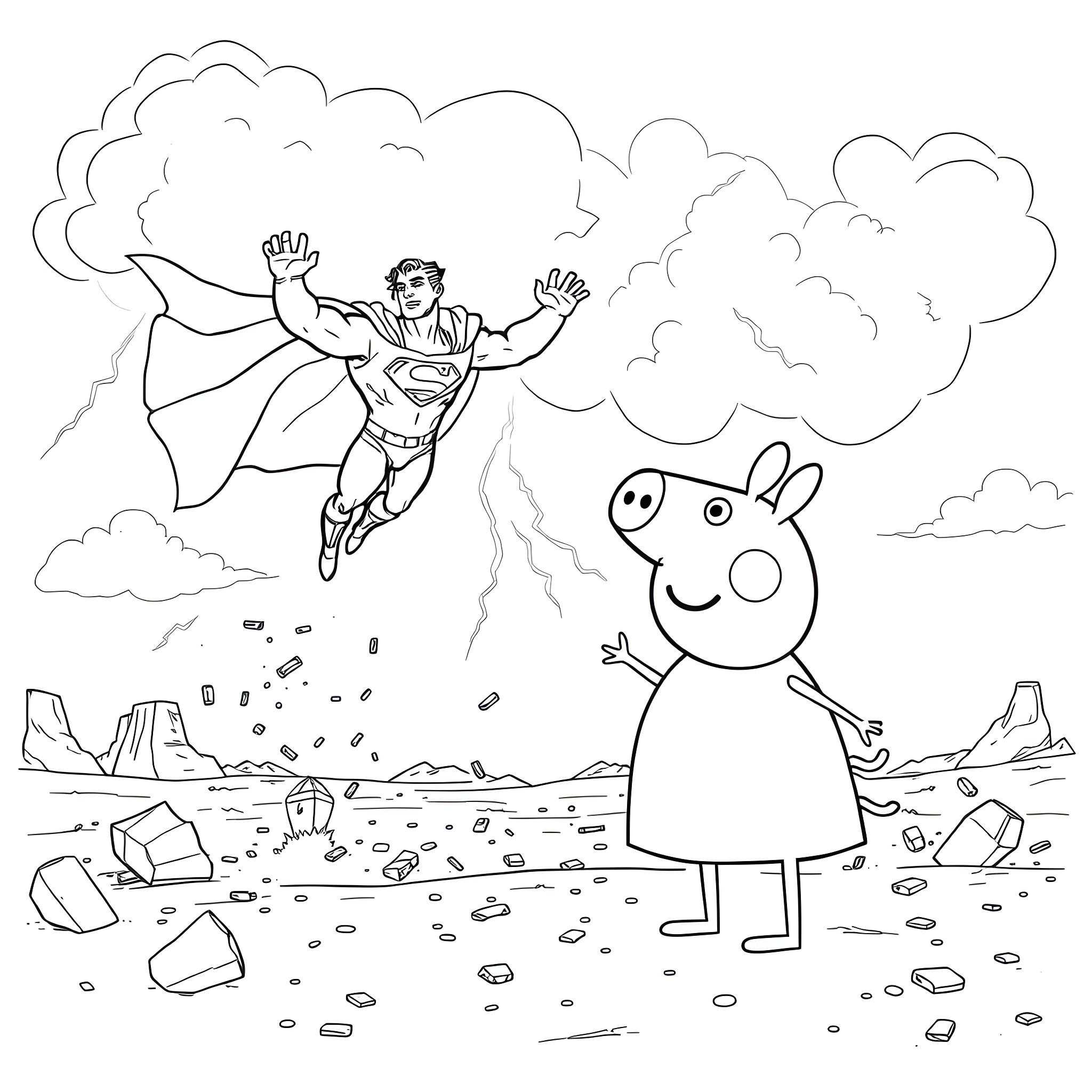 Superman saving Peppa Pig from a natural disaster Coloring Page (free black-and-white line drawing printable PDF for all, from beginners to advanced learners, including children, teens, adults, and seniors)