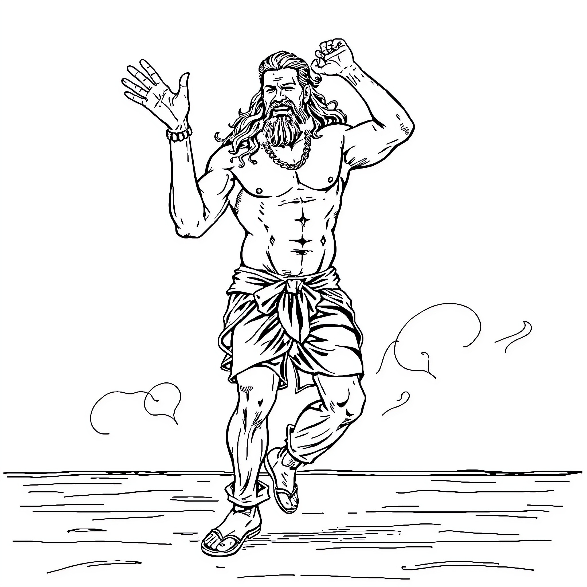 Jason Momoa as a fierce warrior in action Coloring Page (free black-and-white line drawing printable PDF for all, from beginners to advanced learners, including children, teens, adults, and seniors)