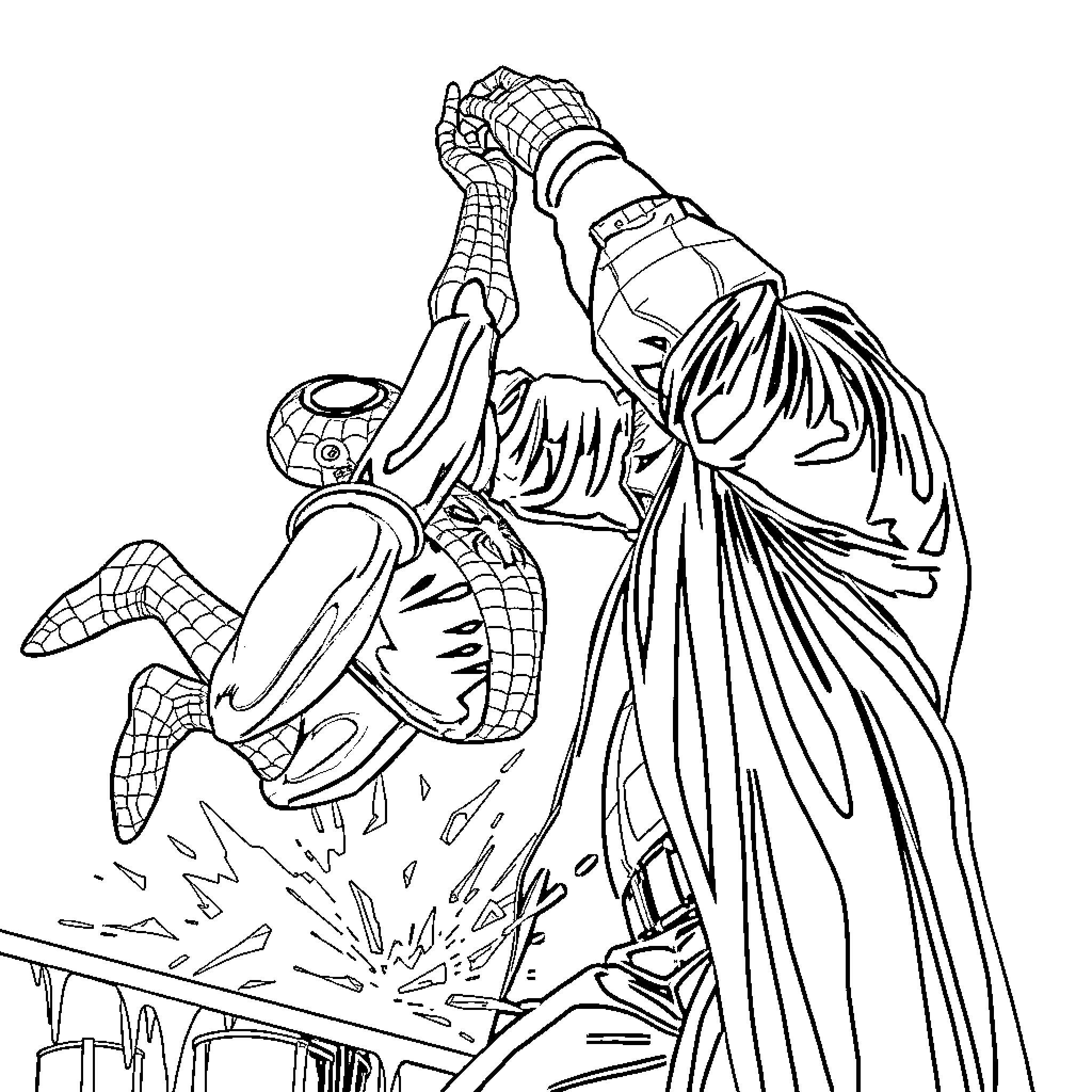 Undertaker battling a formidable foe in dramatic action Coloring Page (free black-and-white line drawing printable PDF for all, from beginners to advanced learners, including children, teens, adults, and seniors)