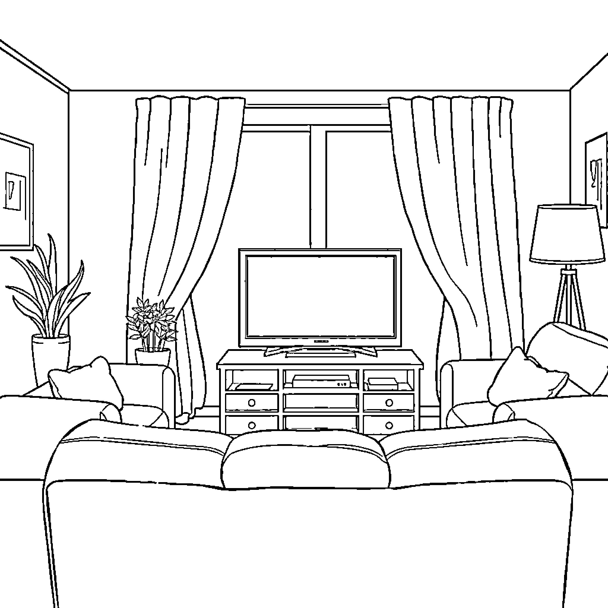TV Home Entertainment Setup with Cozy Furniture Coloring Page (free black-and-white line drawing printable PDF for all, from beginners to advanced learners, including children, teens, adults, and seniors)