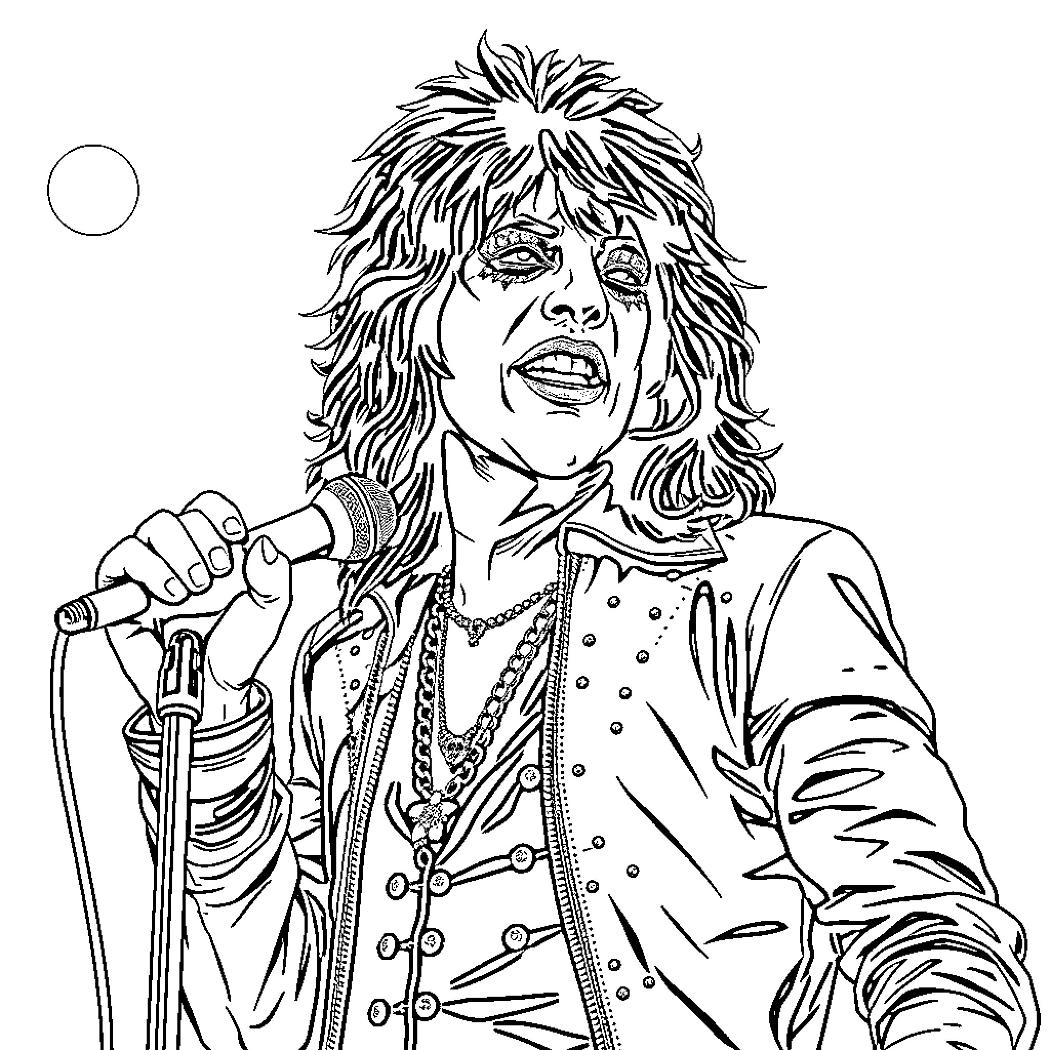 Paul Stanley performing on stage with microphone Coloring Page (free black-and-white line drawing printable PDF for all, from beginners to advanced learners, including children, teens, adults, and seniors)