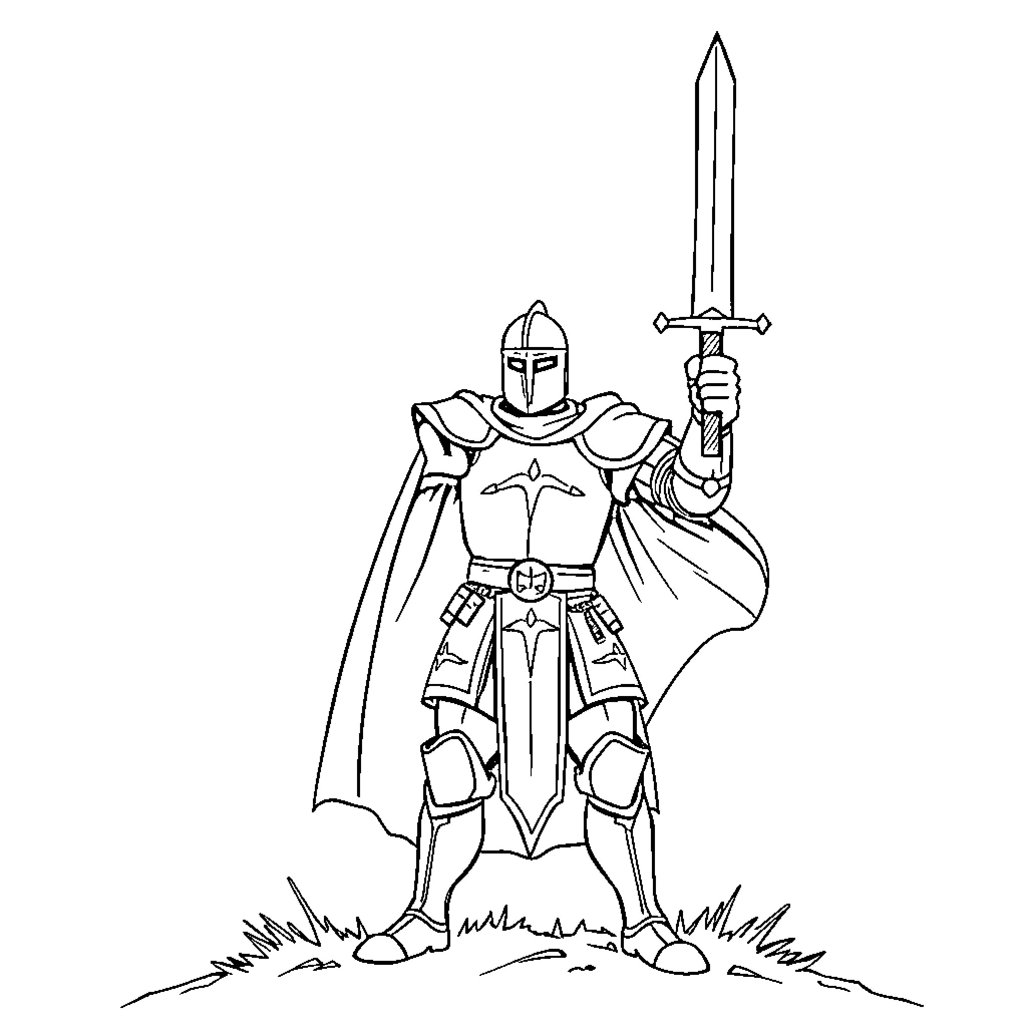 Knight in shining armor standing ready for battle Coloring Page (free black-and-white line drawing printable PDF for all, from beginners to advanced learners, including children, teens, adults, and seniors)