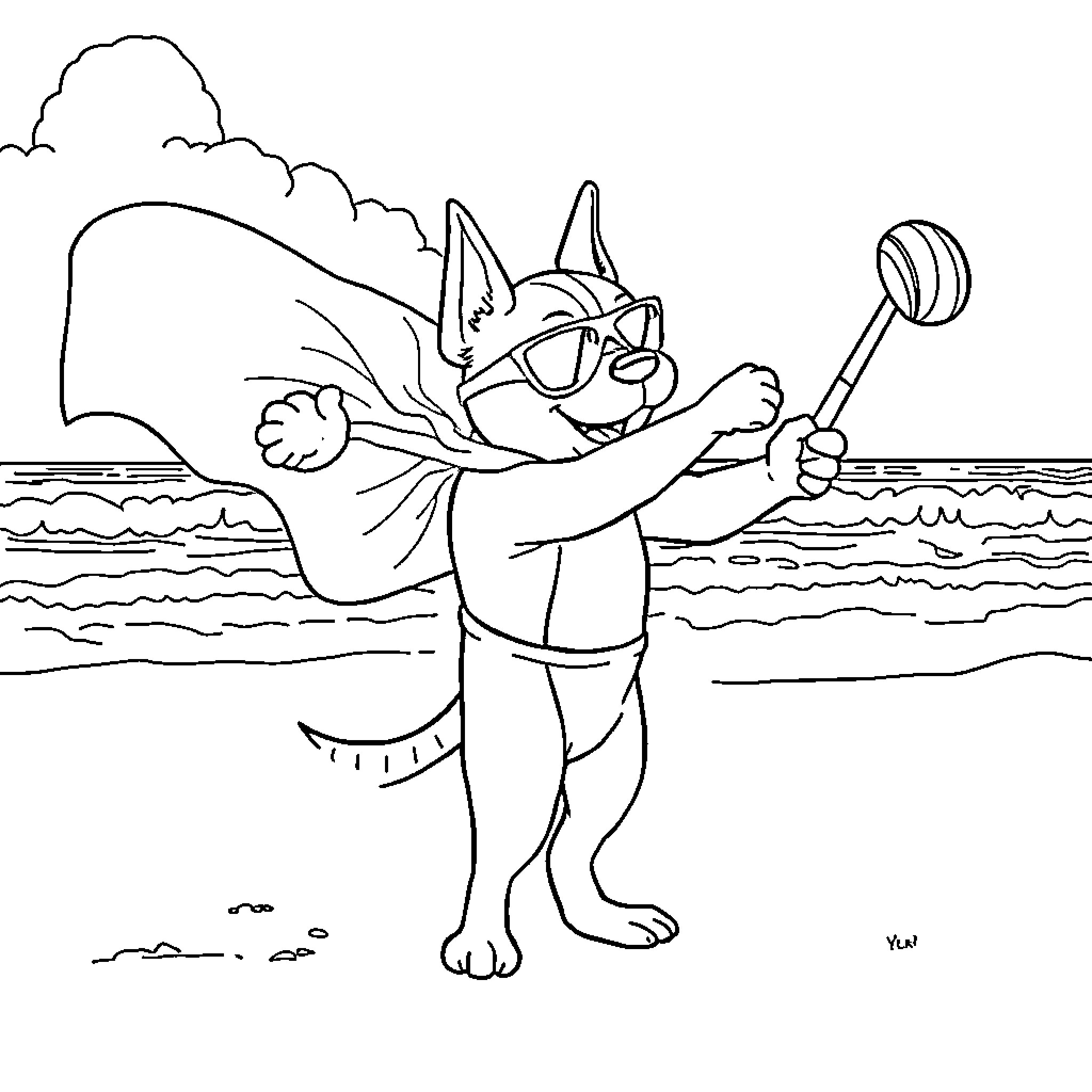 Dog playing with beach ball by the ocean Coloring Page (free black-and-white line drawing printable PDF for all, from beginners to advanced learners, including children, teens, adults, and seniors)