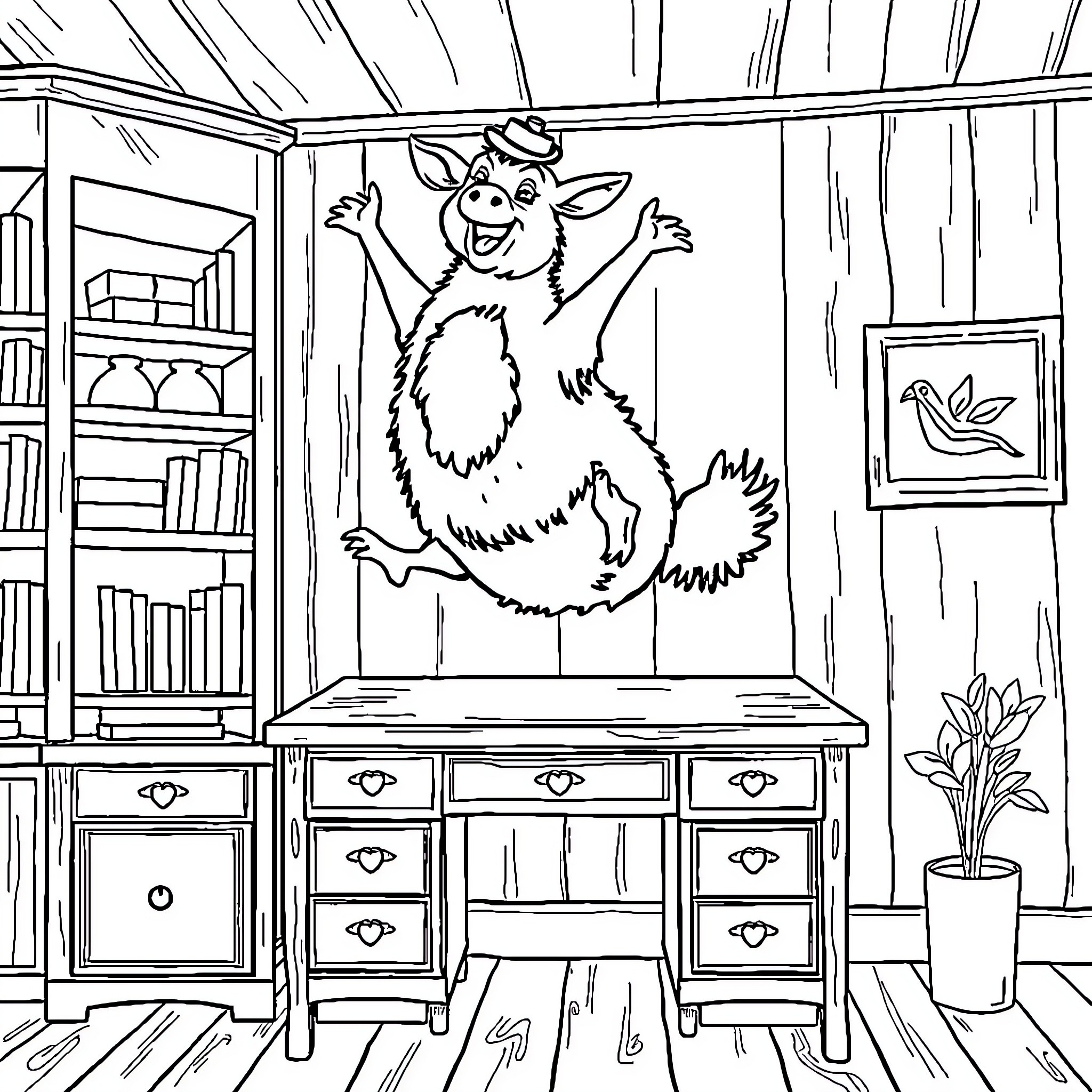 Vache playfully jumping on furniture in rustic cabin Coloring Page (free black-and-white line drawing printable PDF for all, from beginners to advanced learners, including children, teens, adults, and seniors)