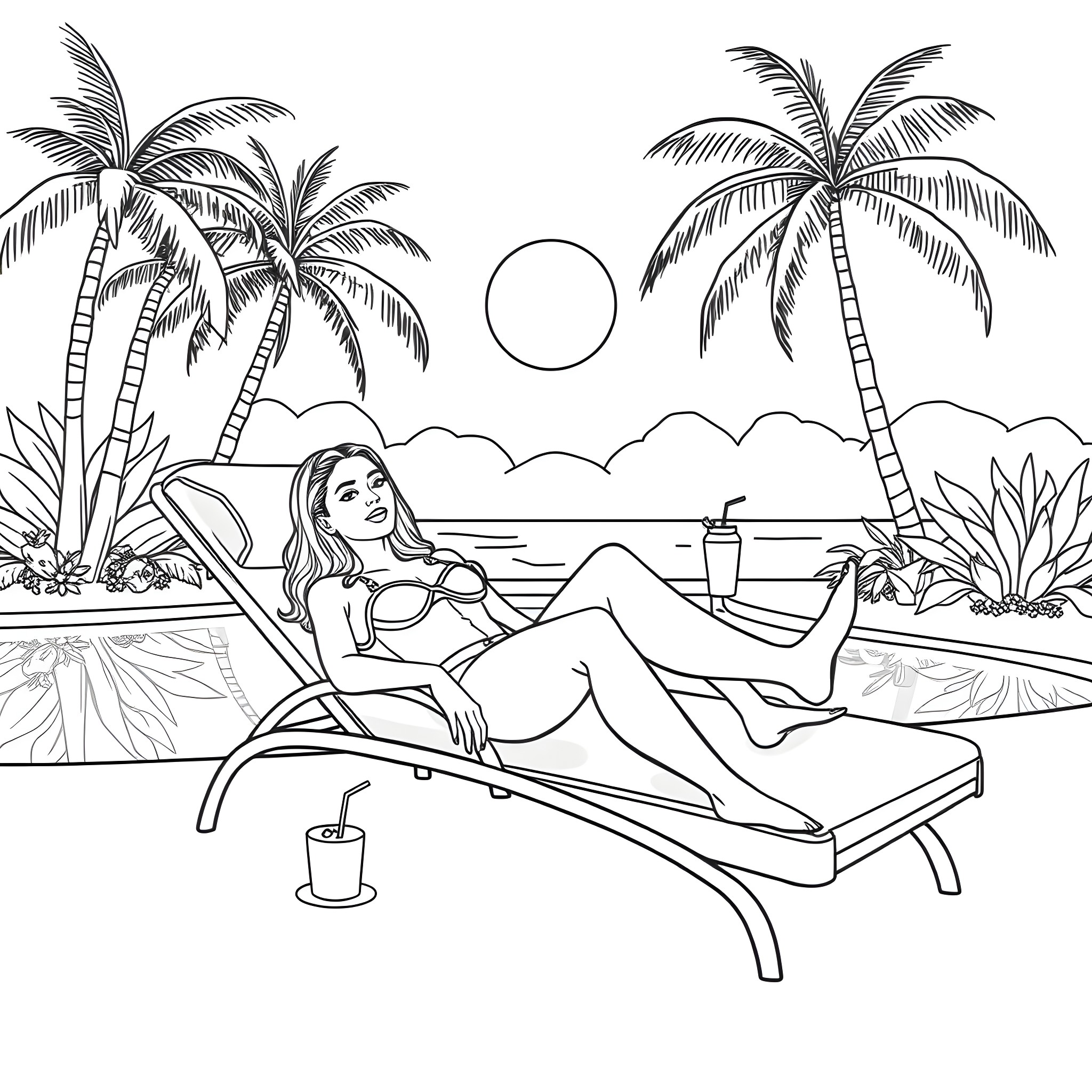 Ariana Grande relaxing on a tropical beach Coloring Page (free black-and-white line drawing printable PDF for all, from beginners to advanced learners, including children, teens, adults, and seniors)