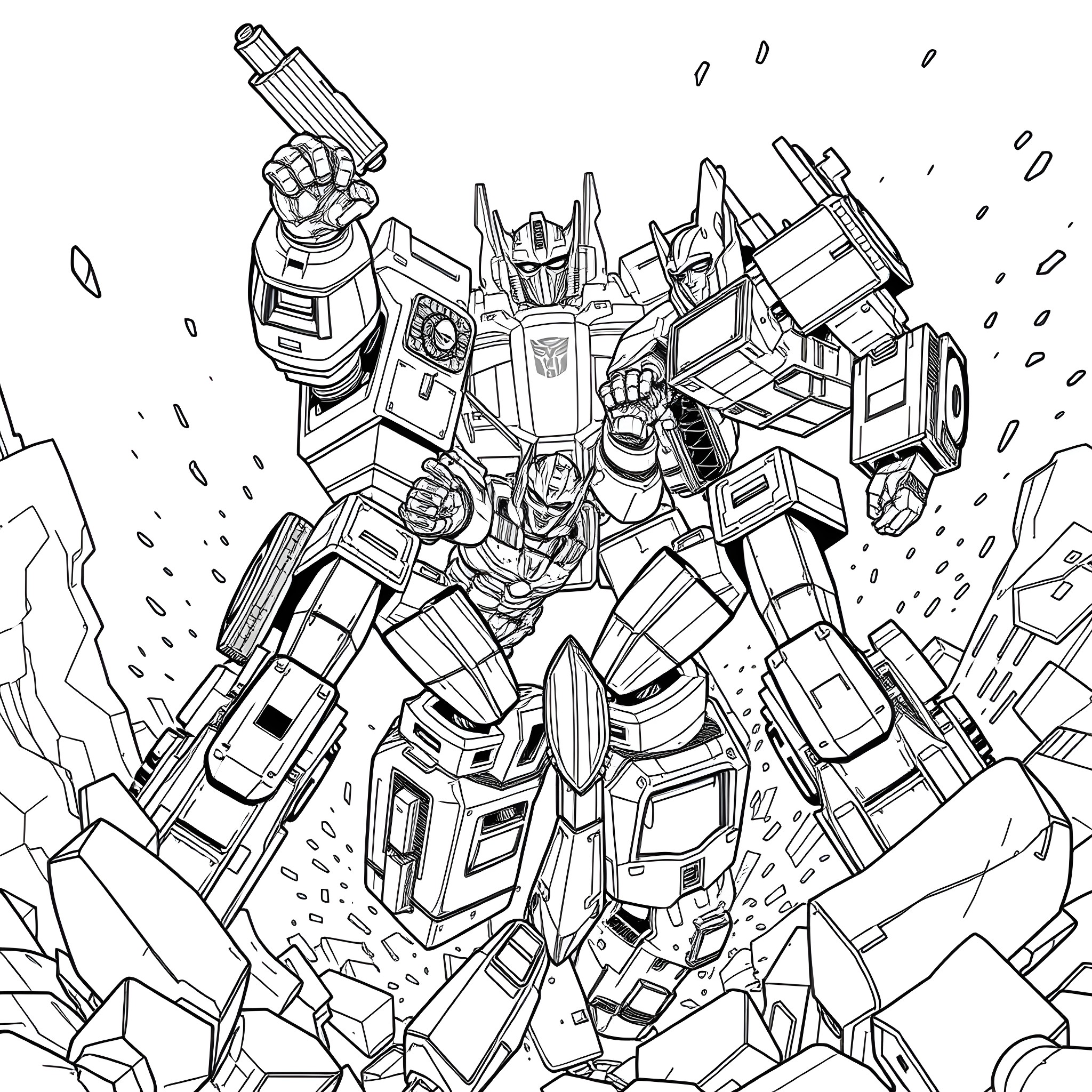 Transformer robot in epic battle stance Coloring Page (free black-and-white line drawing printable PDF for all, from beginners to advanced learners, including children, teens, adults, and seniors)