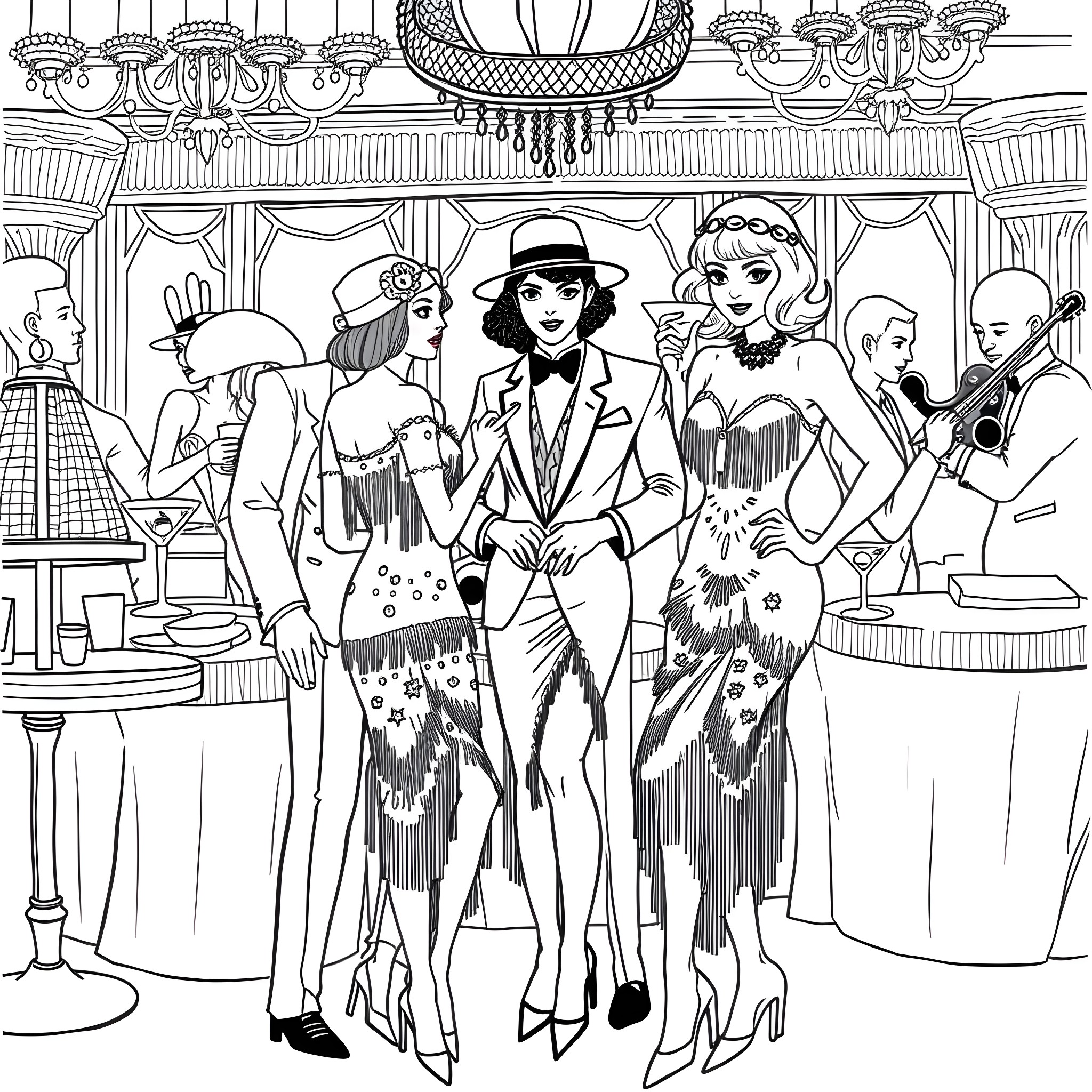 Gatsby's Glamorous Gathering: Guests in Opulent Attire Coloring Page (free black-and-white line drawing printable PDF for all, from beginners to advanced learners, including children, teens, adults, and seniors)