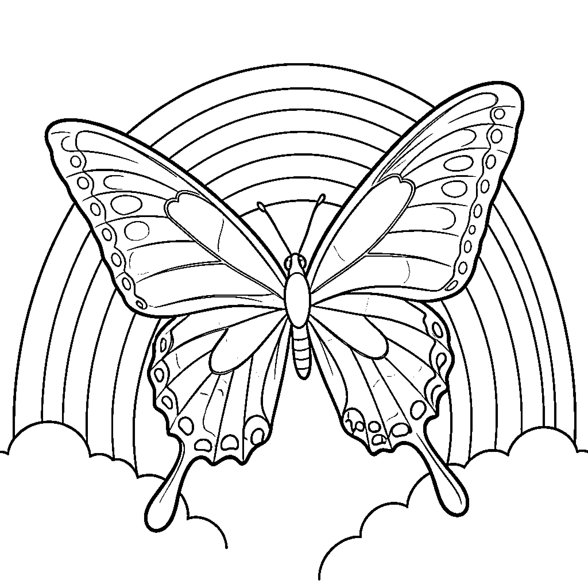 Mariposa butterfly spreading its wings against rainbow Coloring Page (free black-and-white line drawing printable PDF for all, from beginners to advanced learners, including children, teens, adults, and seniors)