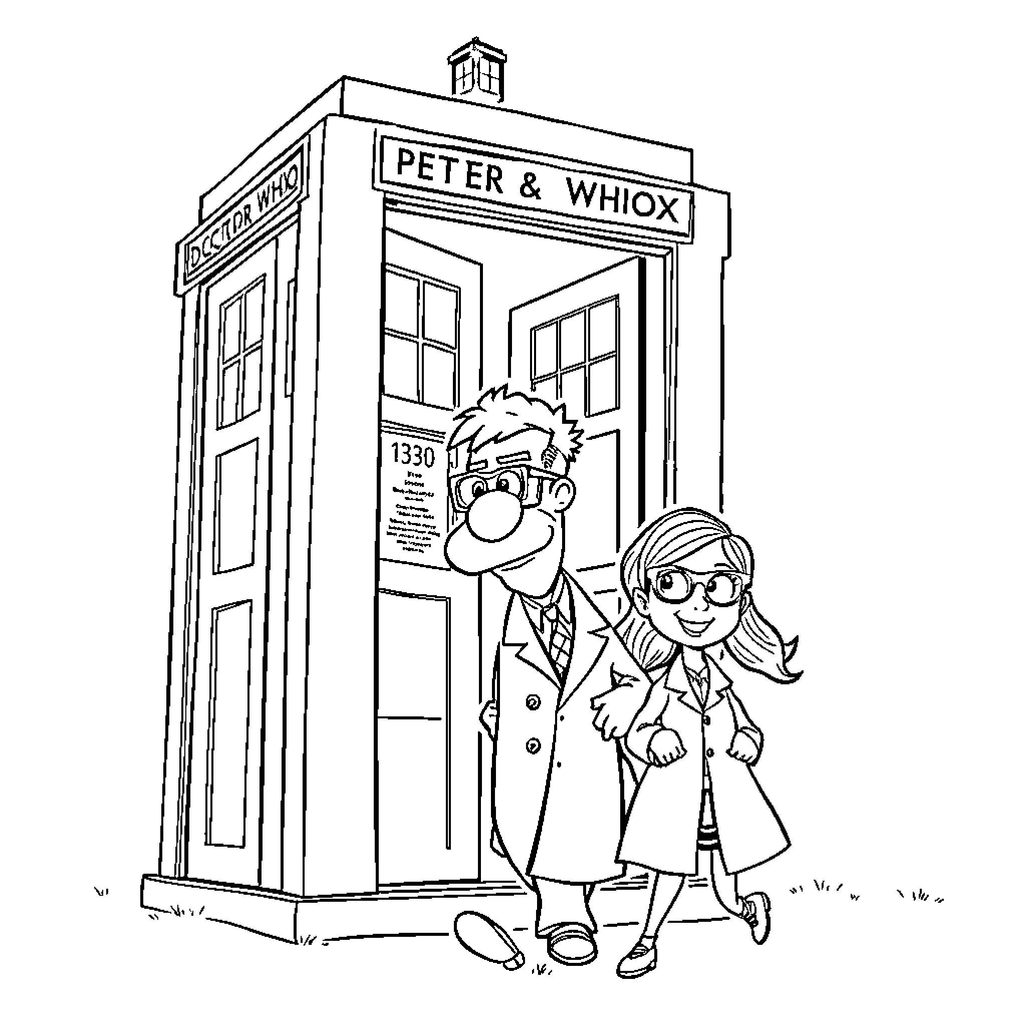 TARDIS adventure with Peter & Whiox Coloring Page (free black-and-white line drawing printable PDF for all, from beginners to advanced learners, including children, teens, adults, and seniors)
