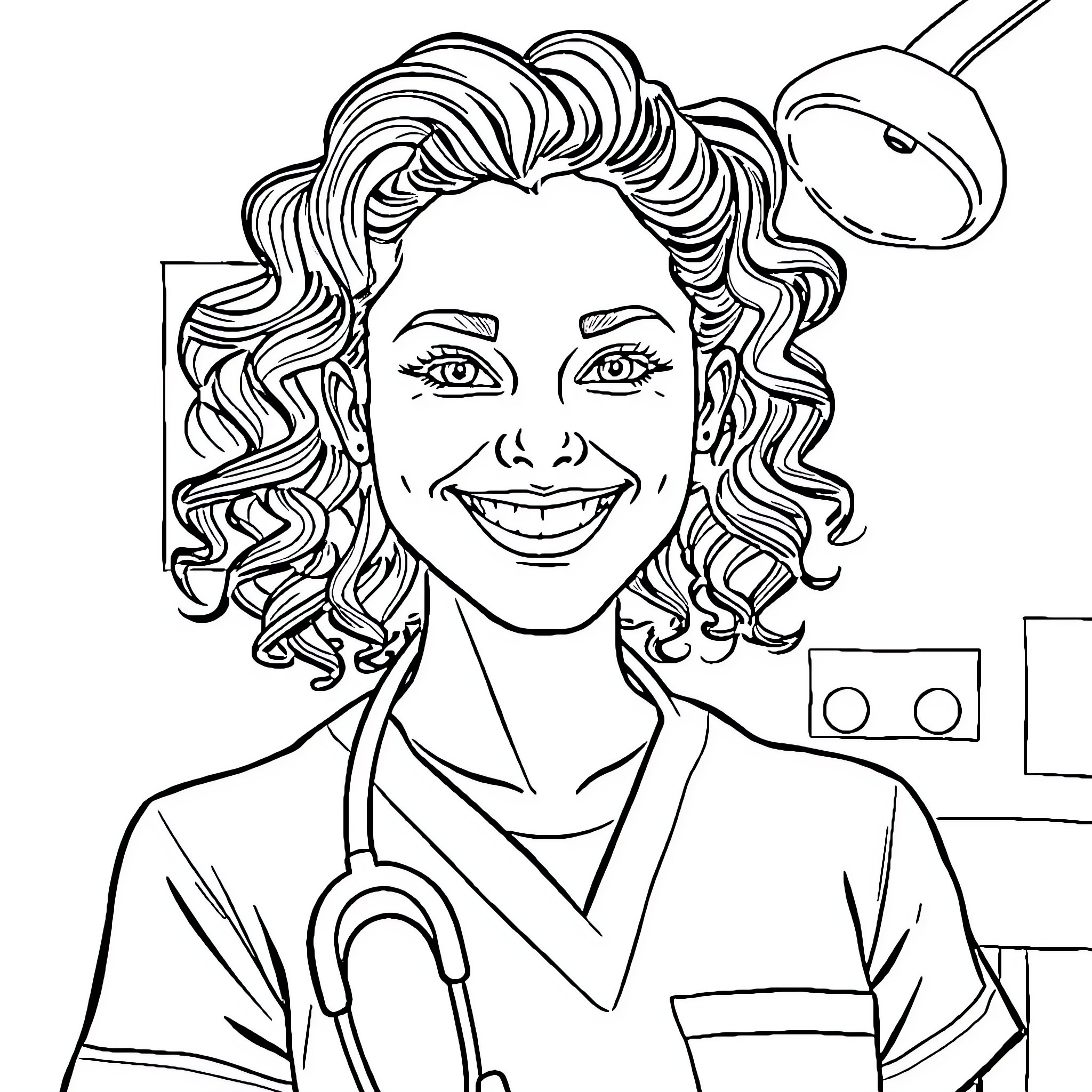 Dental Assistant Smiling Brightly in Uniform Coloring Page (free black-and-white line drawing printable PDF for all, from beginners to advanced learners, including children, teens, adults, and seniors)
