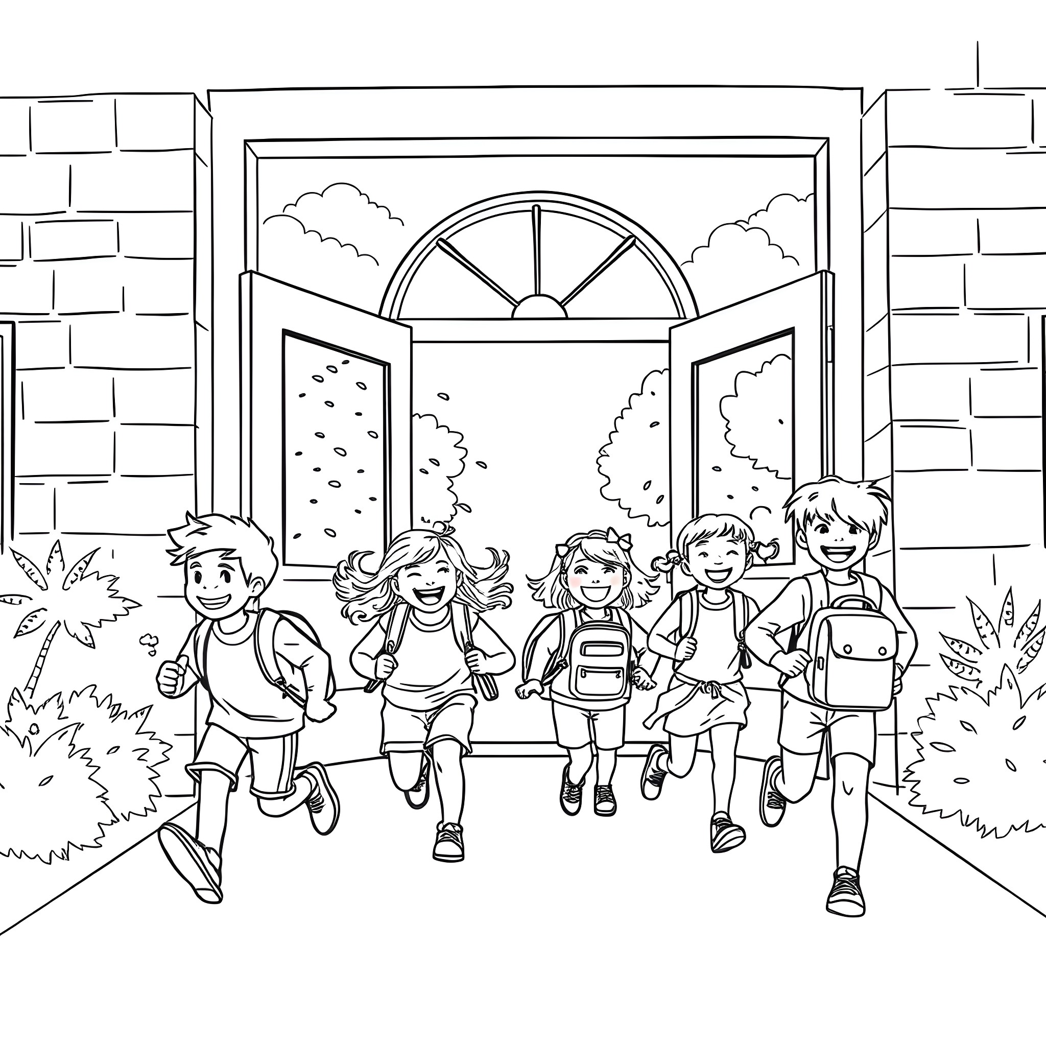 Kid friends happily walking together to school Coloring Page (free black-and-white line drawing printable PDF for all, from beginners to advanced learners, including children, teens, adults, and seniors)