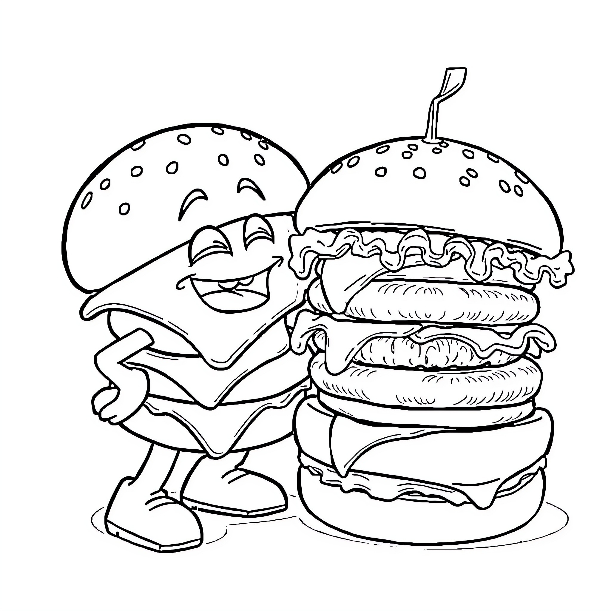 Cheeseburger character winking playfully Coloring Page (free black-and-white line drawing printable PDF for all, from beginners to advanced learners, including children, teens, adults, and seniors)