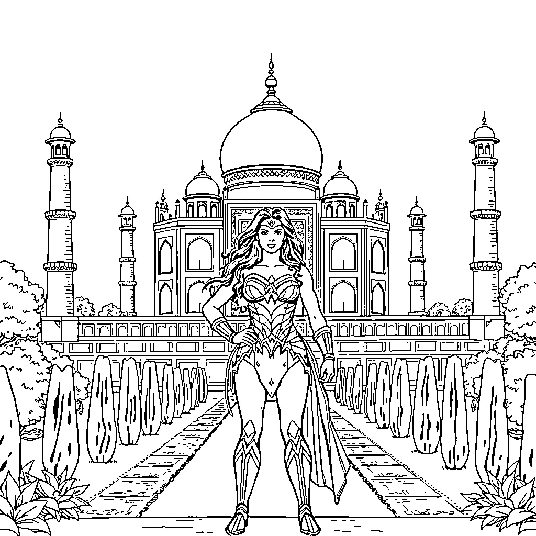 Wonder Woman in front of the Taj Mahal Coloring Page (free black-and-white line drawing printable PDF for all, from beginners to advanced learners, including children, teens, adults, and seniors)