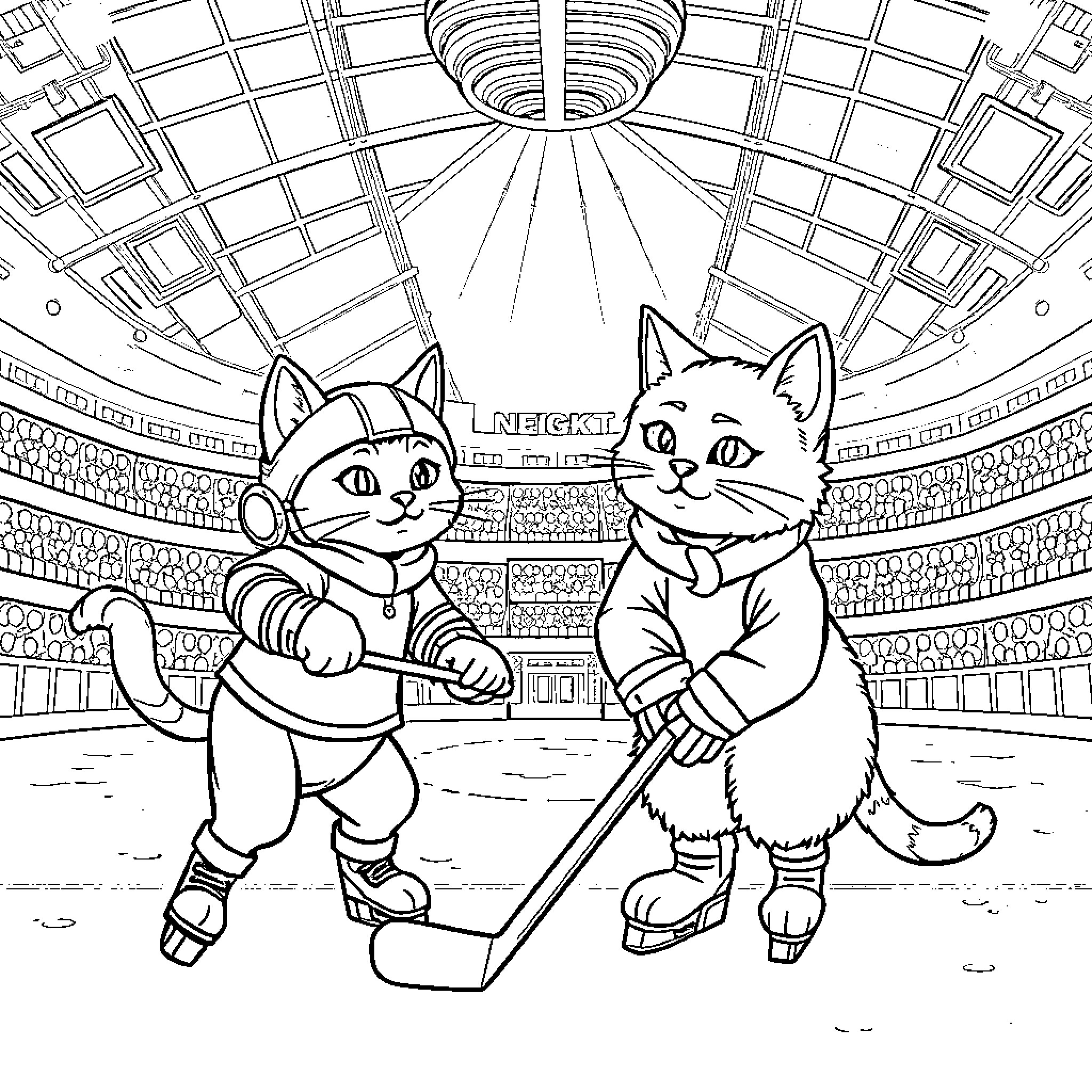 Katze Cats Playing Ice Hockey in Arena Coloring Page (free black-and-white line drawing printable PDF for all, from beginners to advanced learners, including children, teens, adults, and seniors)