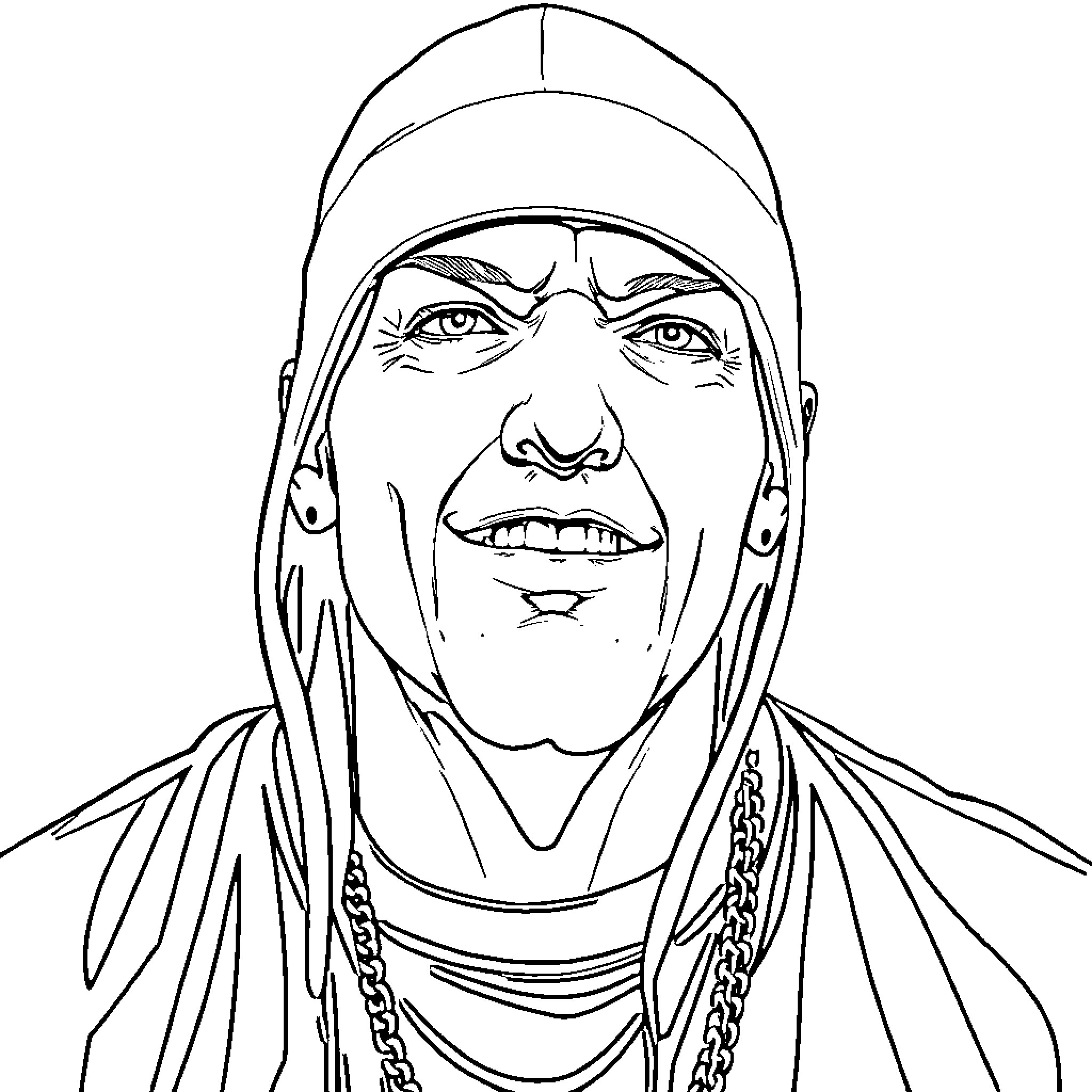 Eminem in monochrome portrait with distinctive features Coloring Page (free black-and-white line drawing printable PDF for all, from beginners to advanced learners, including children, teens, adults, and seniors)