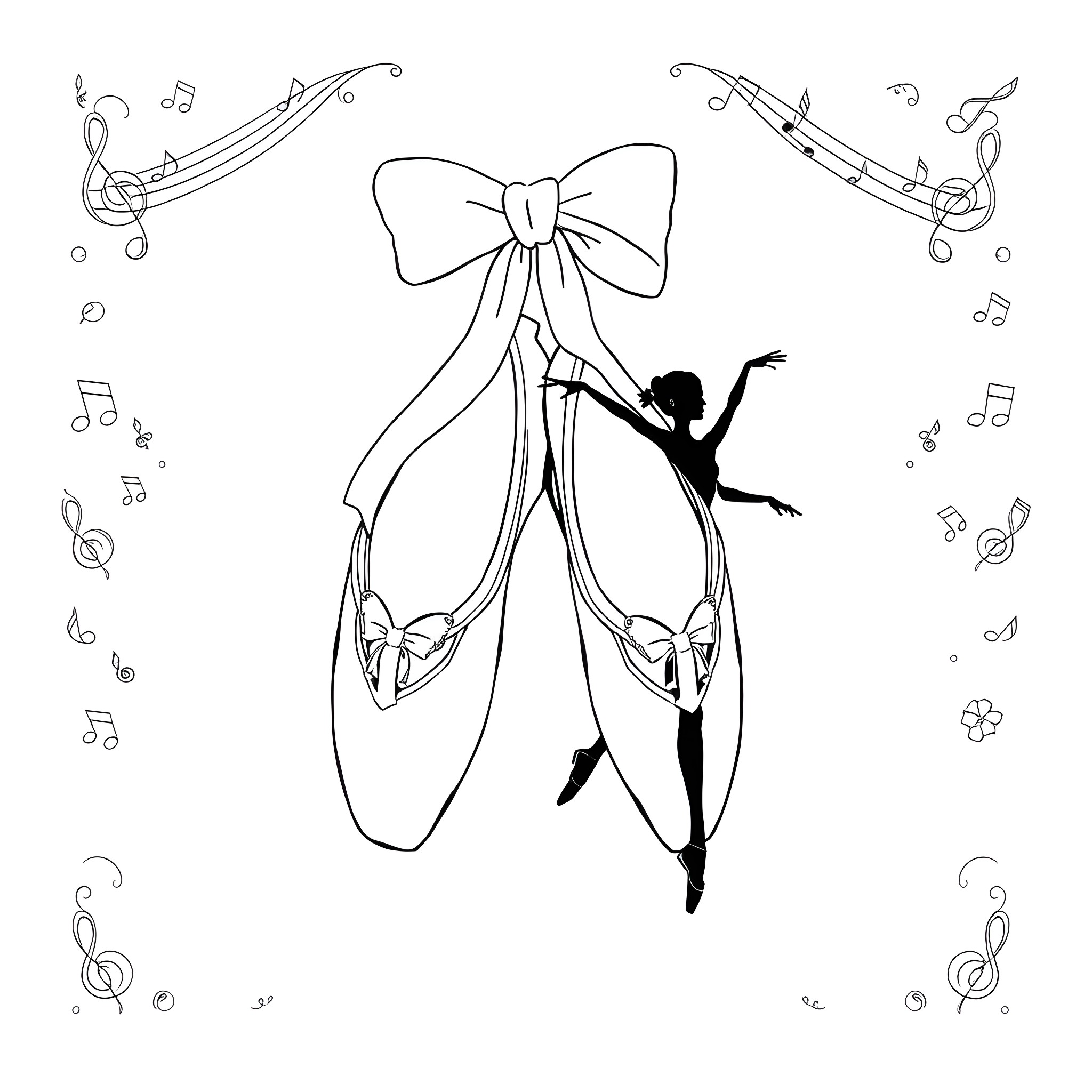 Ballet Shoe Dancer Silhouette with Musical Notes Coloring Page (free black-and-white line drawing printable PDF for all, from beginners to advanced learners, including children, teens, adults, and seniors)