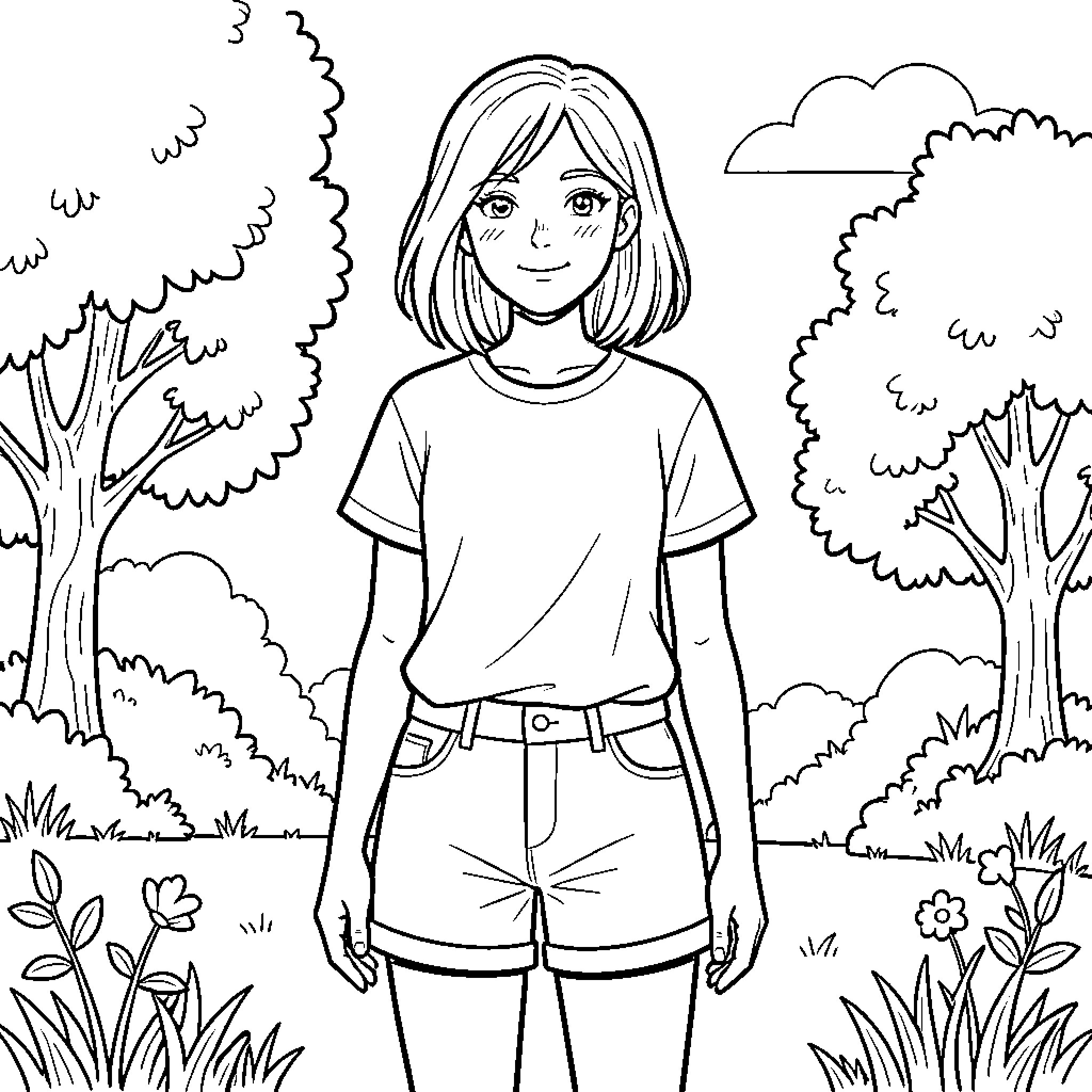 Girl smiling in a peaceful outdoor scene Coloring Page (free black-and-white line drawing printable PDF for all, from beginners to advanced learners, including children, teens, adults, and seniors)