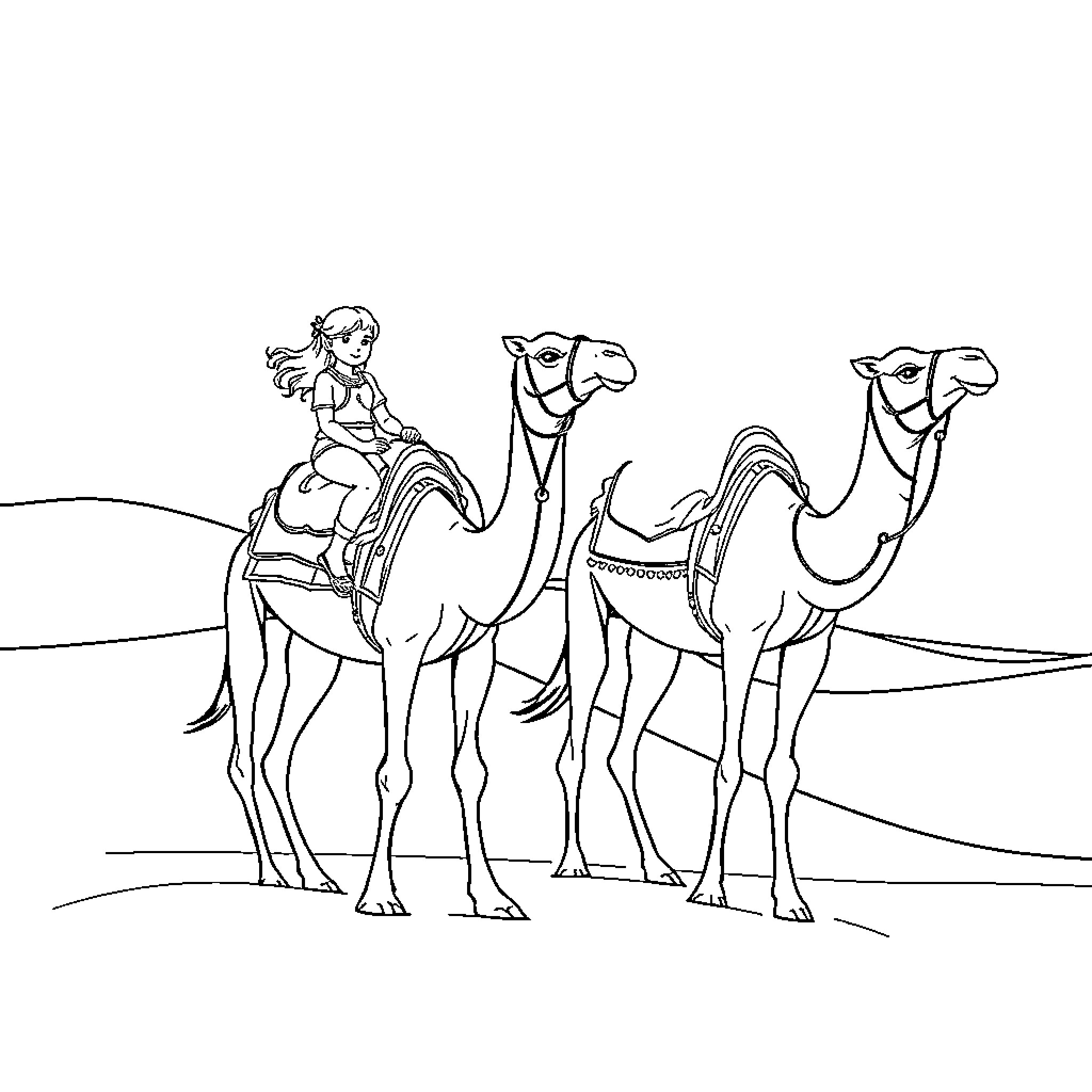 Girl riding camels across the desert Coloring Page (free black-and-white line drawing printable PDF for all, from beginners to advanced learners, including children, teens, adults, and seniors)