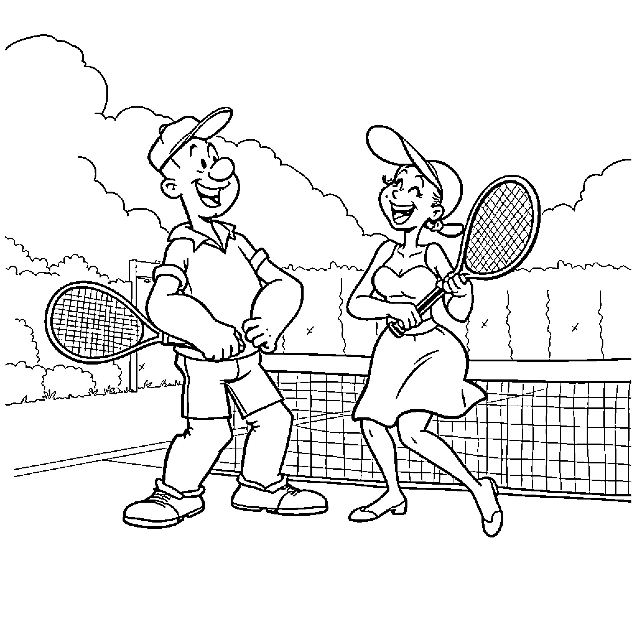 Popeye and friend playing tennis on the court Coloring Page (free black-and-white line drawing printable PDF for all, from beginners to advanced learners, including children, teens, adults, and seniors)