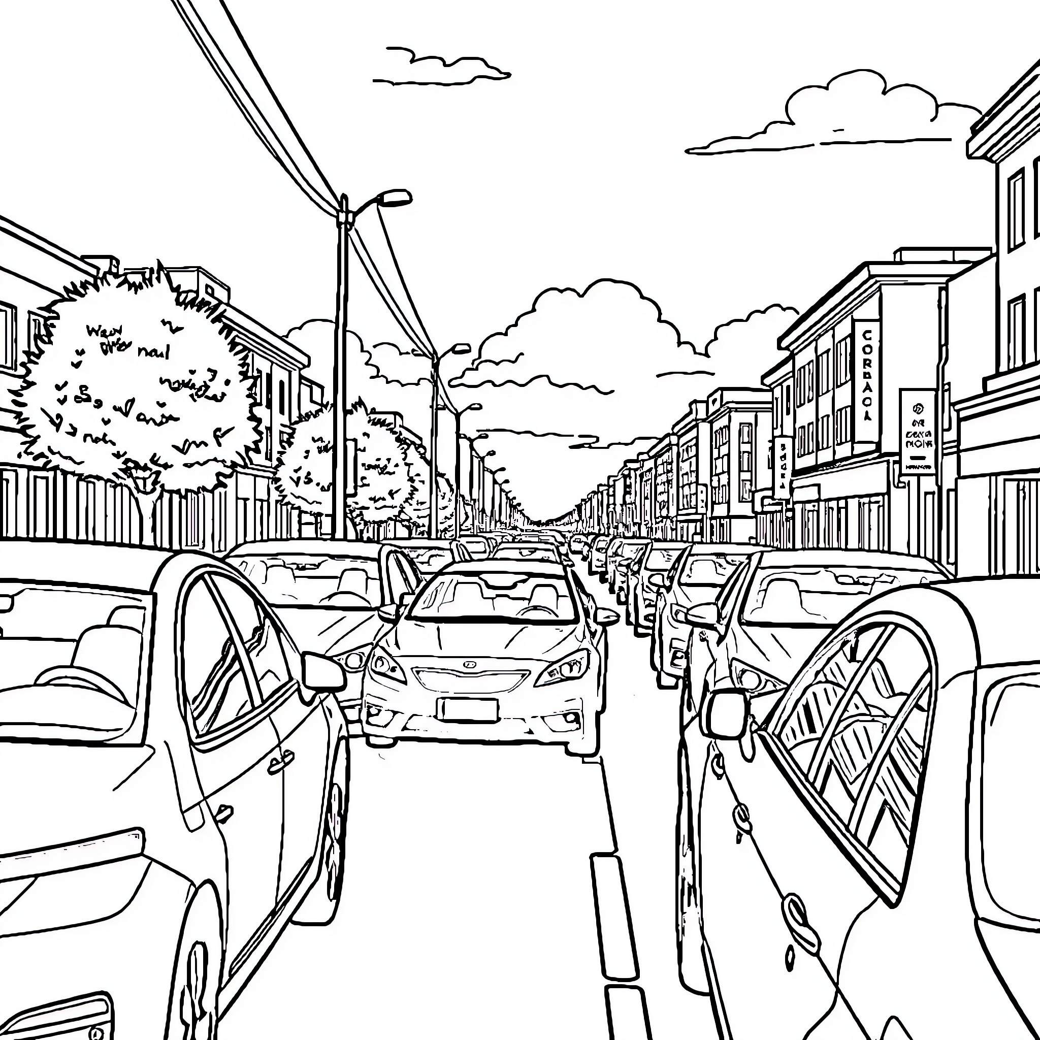 Cars lining up in a busy urban street Coloring Page (free black-and-white line drawing printable PDF for all, from beginners to advanced learners, including children, teens, adults, and seniors)