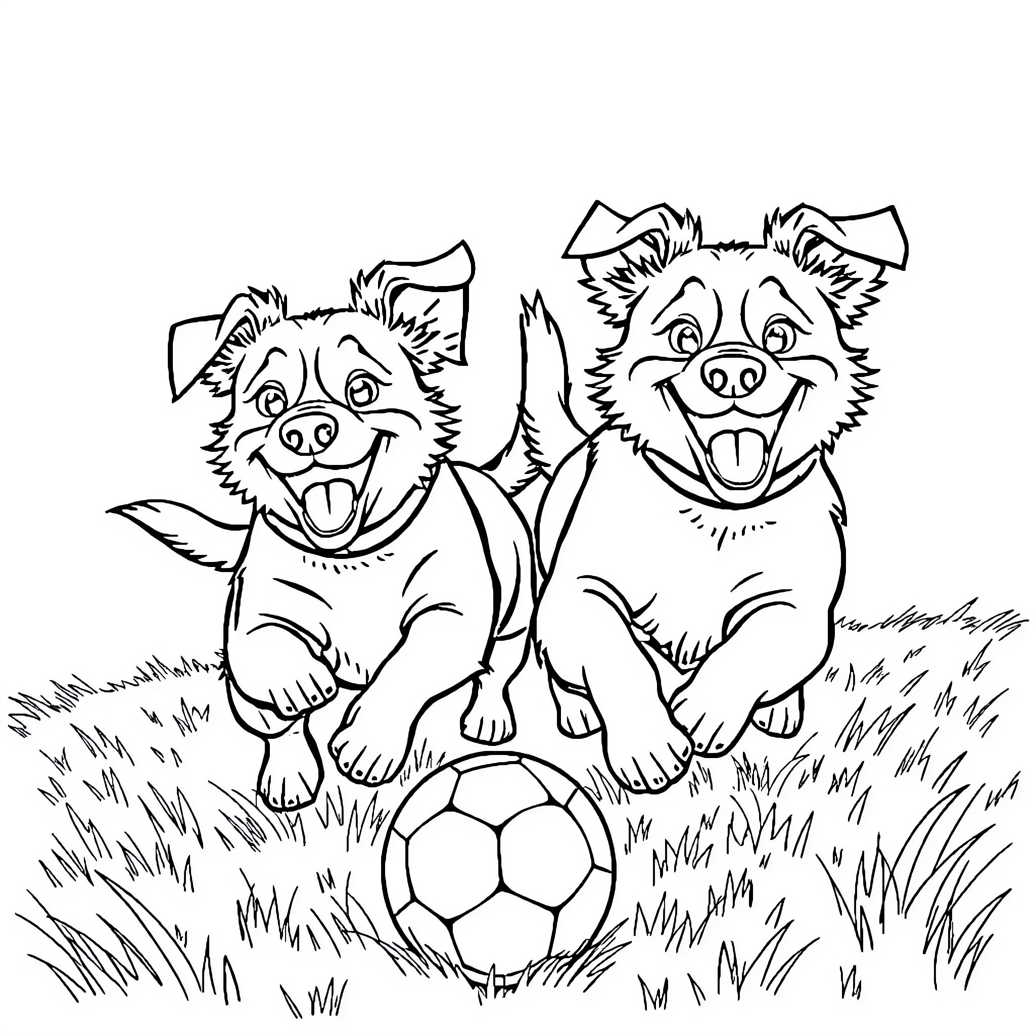 Dog friends playing with soccer ball in the grass Coloring Page (free black-and-white line drawing printable PDF for all, from beginners to advanced learners, including children, teens, adults, and seniors)