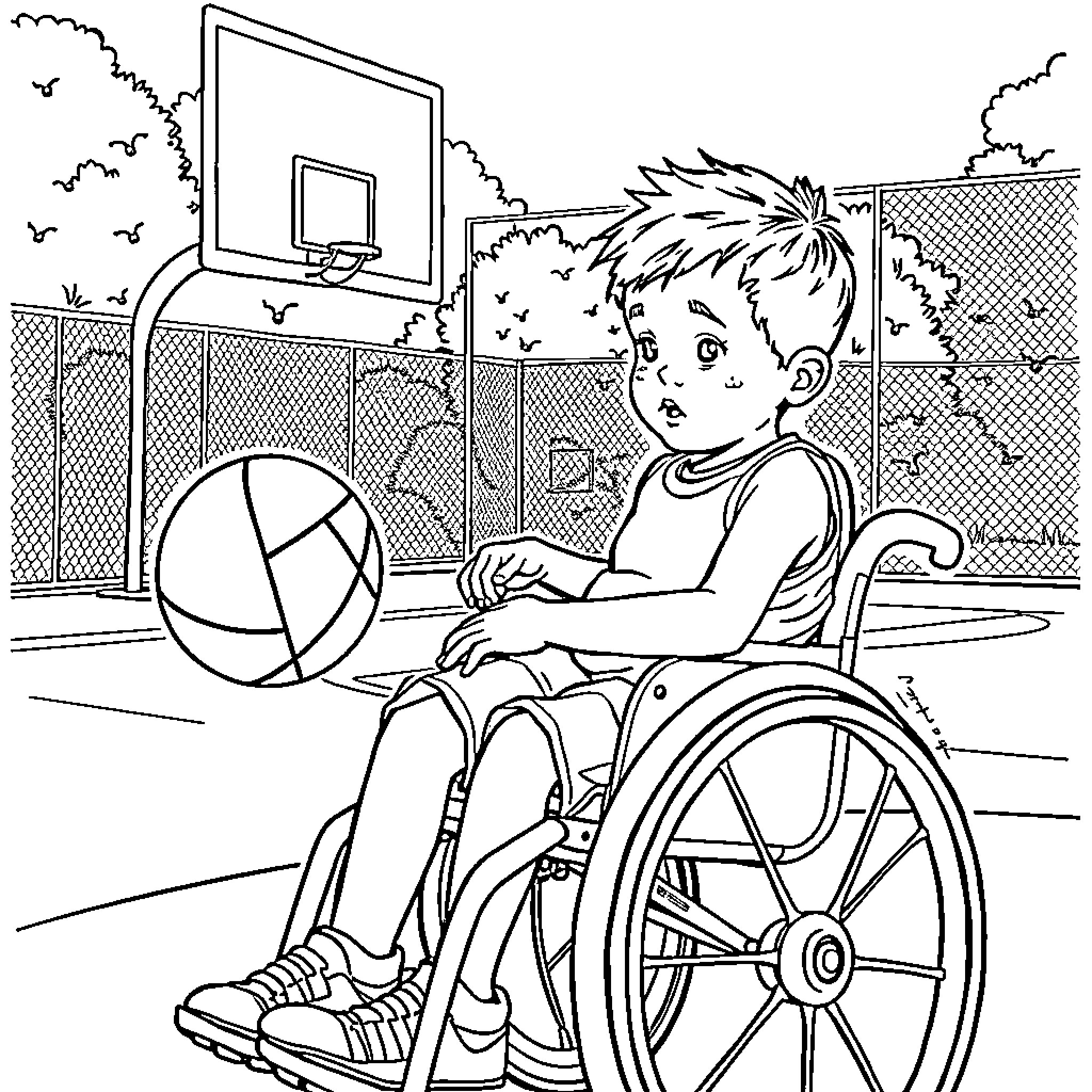 Boy in wheelchair playing basketball on court Coloring Page (free black-and-white line drawing printable PDF for all, from beginners to advanced learners, including children, teens, adults, and seniors)