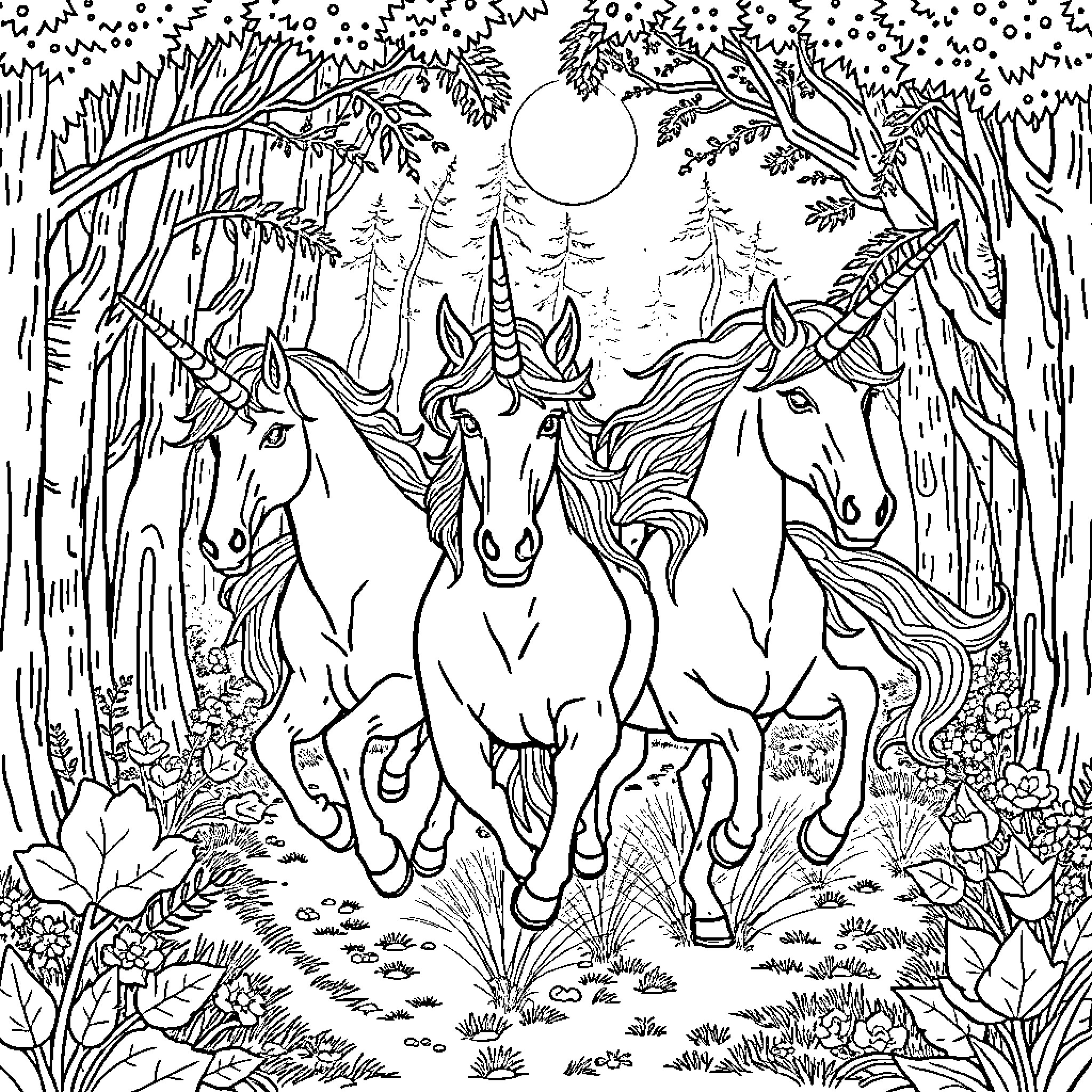 Unicorns galloping through enchanted forest landscape Coloring Page (free black-and-white line drawing printable PDF for all, from beginners to advanced learners, including children, teens, adults, and seniors)