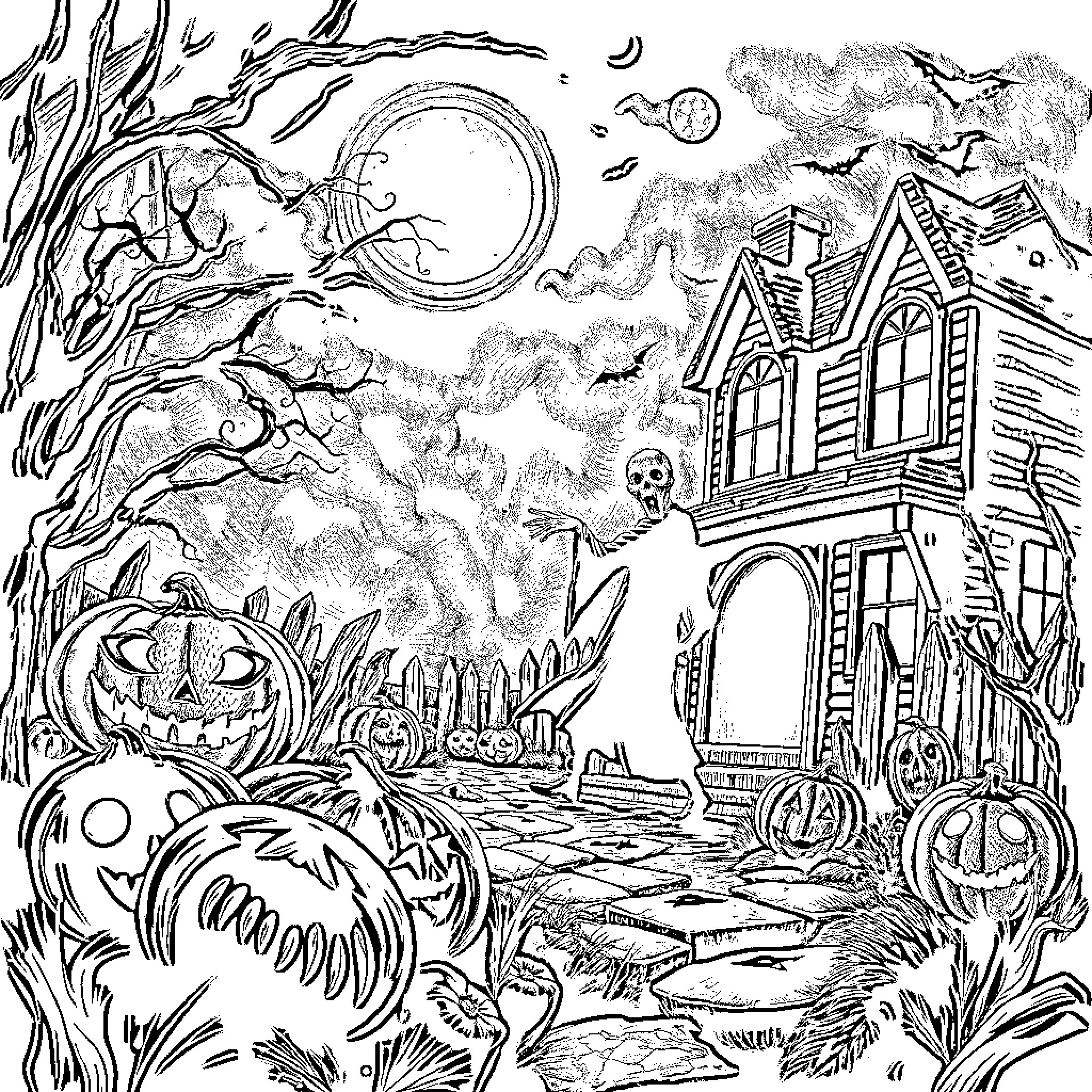 Halloween Haunted House with Spooky Pumpkins and Ghosts Coloring Page (free black-and-white line drawing printable PDF for all, from beginners to advanced learners, including children, teens, adults, and seniors)