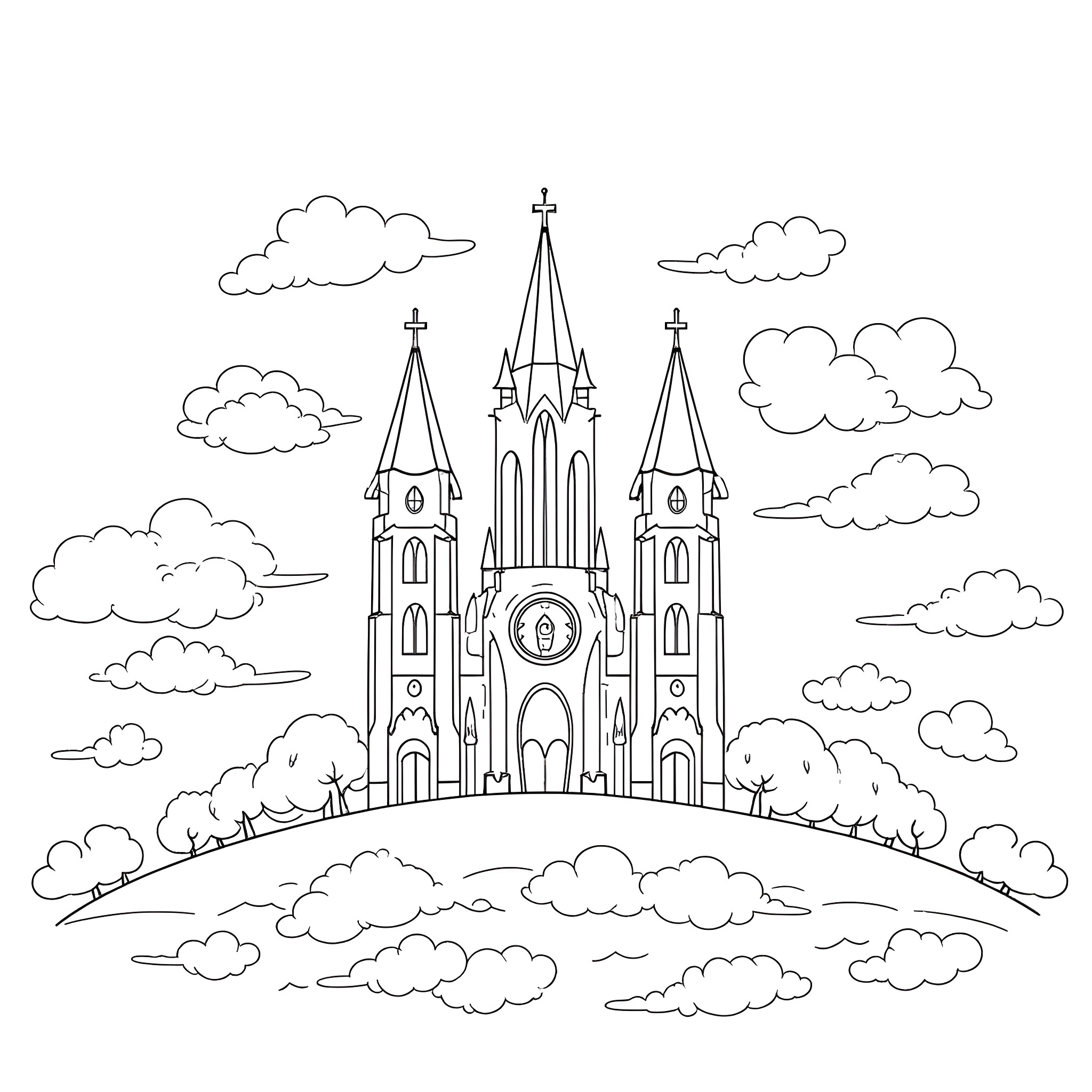 Heaven's Enchanting Cathedral in the Clouds Coloring Page (free black-and-white line drawing printable PDF for all, from beginners to advanced learners, including children, teens, adults, and seniors)