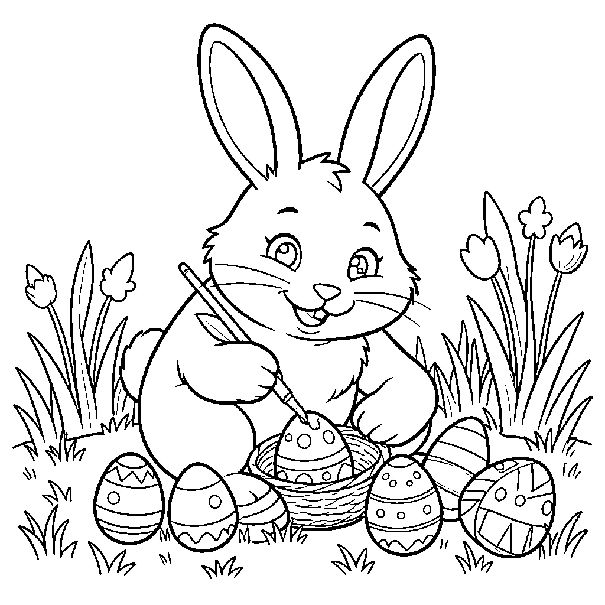 Easter Bunny paints decorative eggs in a floral scene Coloring Page (free black-and-white line drawing printable PDF for all, from beginners to advanced learners, including children, teens, adults, and seniors)