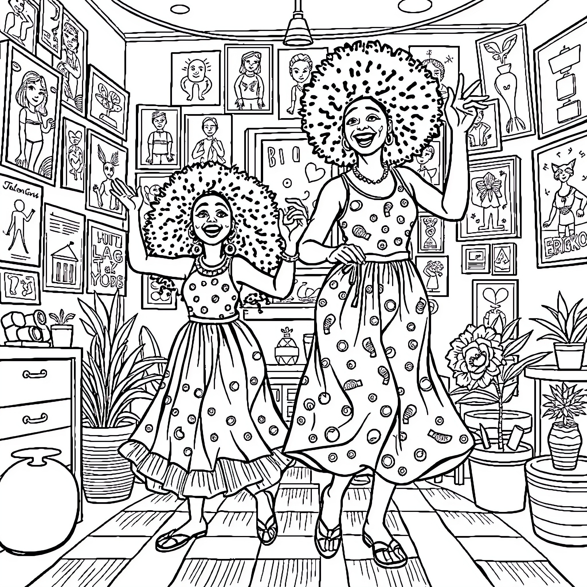 Girl colorful dresses dancing in decorated room Coloring Page (free black-and-white line drawing printable PDF for all, from beginners to advanced learners, including children, teens, adults, and seniors)